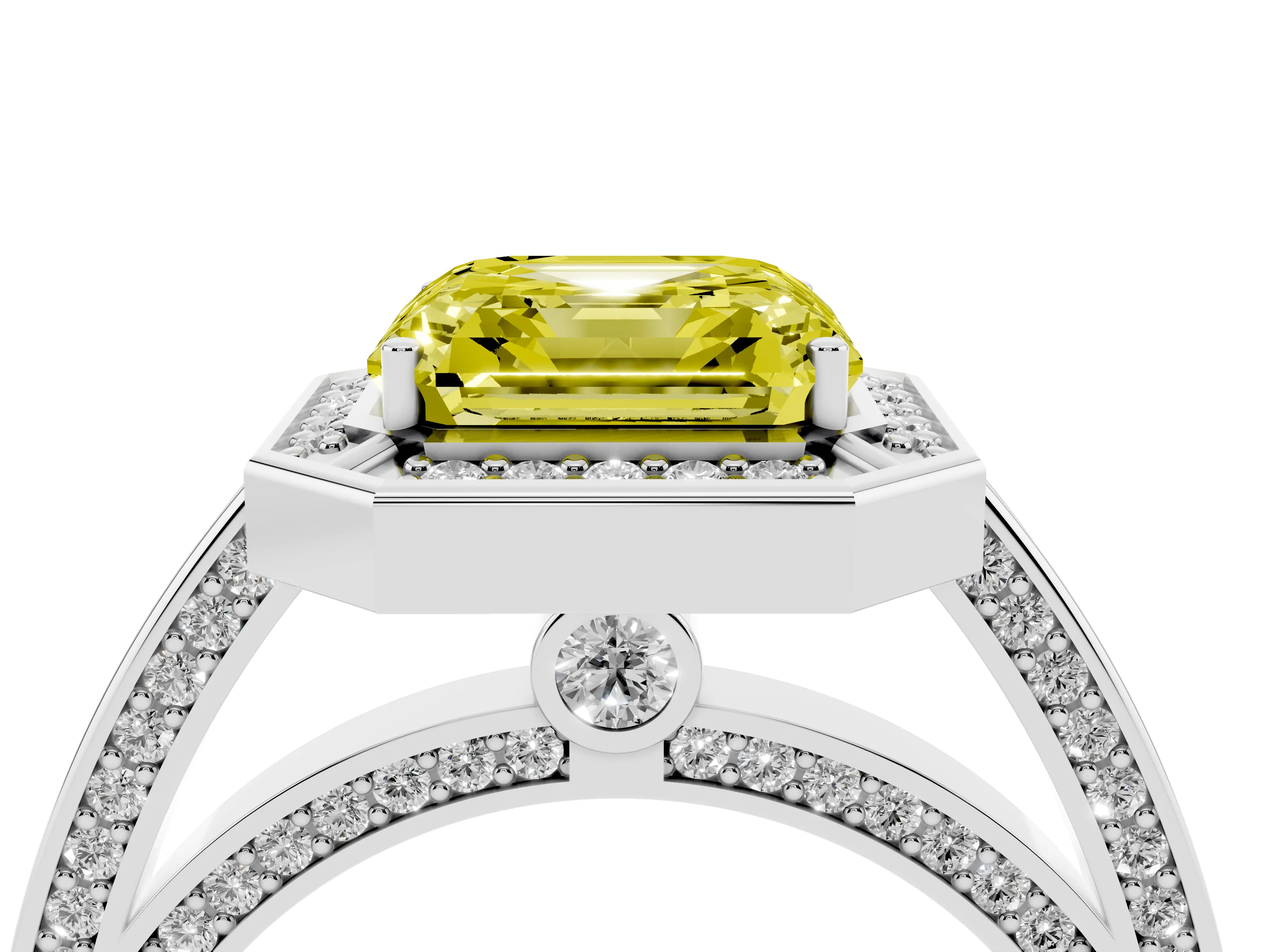 Fancy Yellow Asscher Cut Diamond Halo Pavé Split Shank Ring Set in White gold with Prong Setting