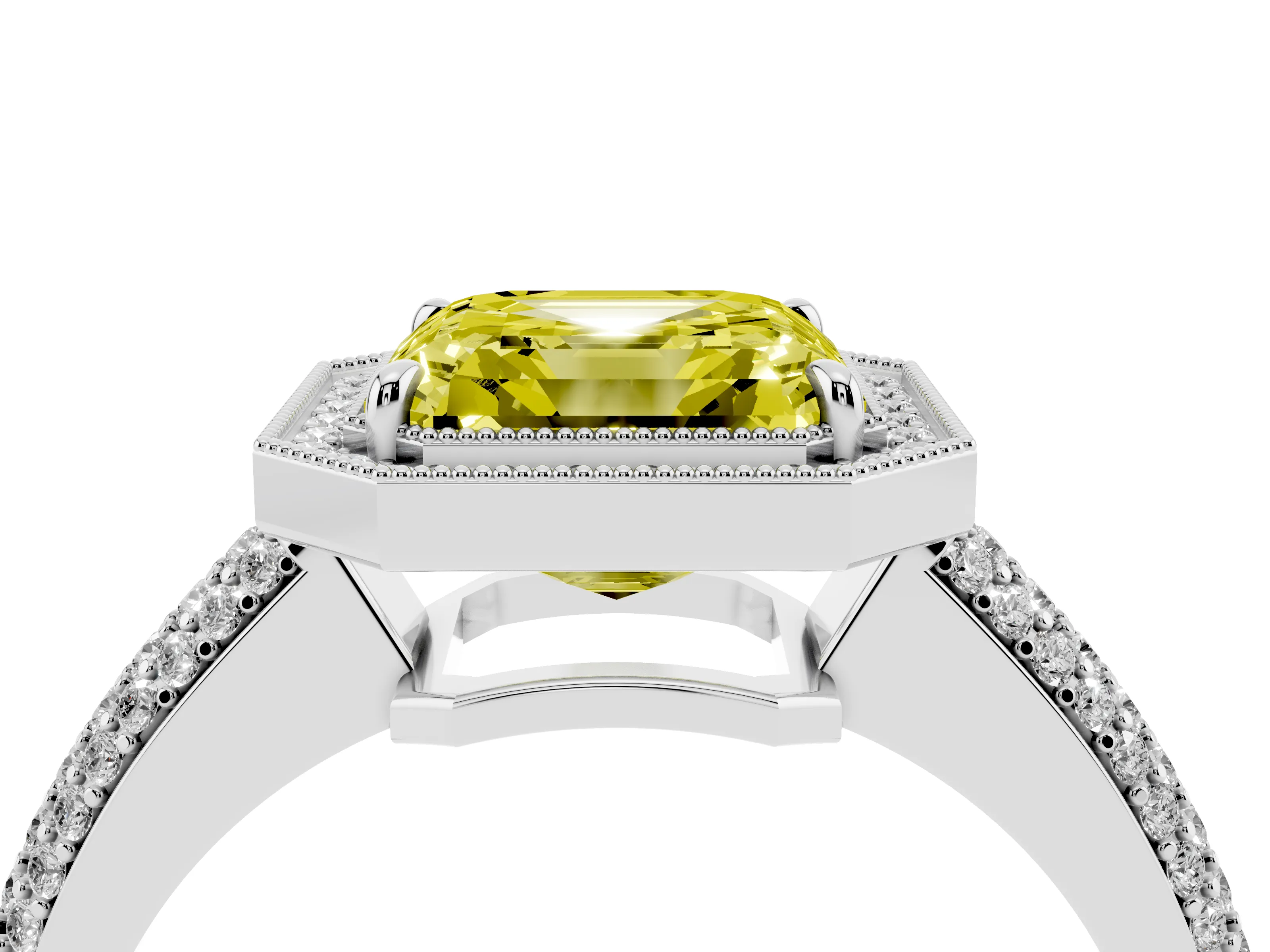 Fancy Yellow Asscher Cut Diamond Halo Pavé Band Set in White gold with Prong Setting