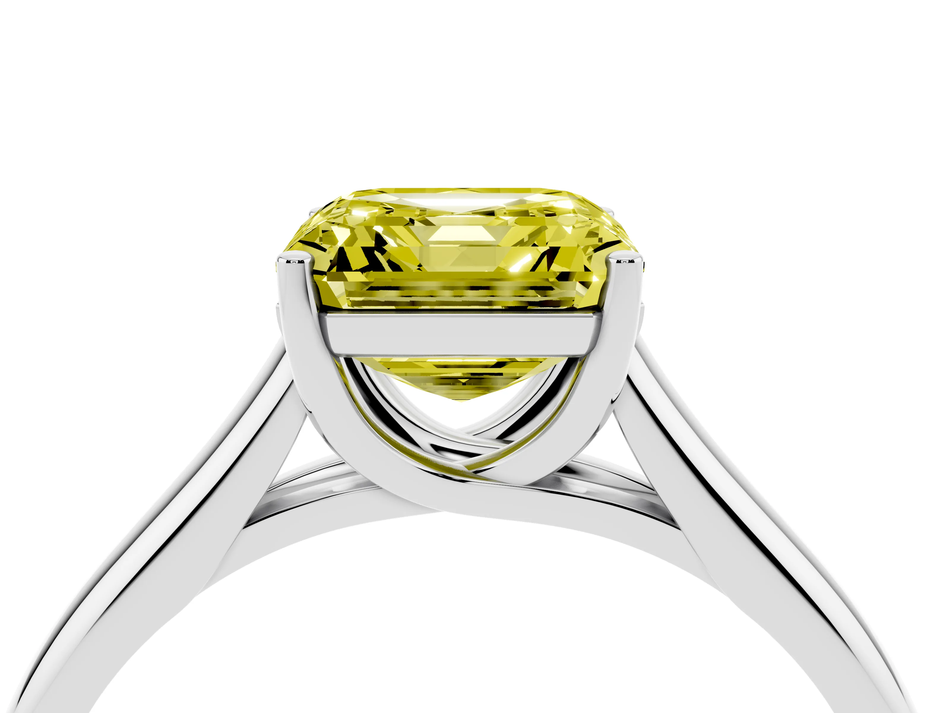 Fancy Yellow Asscher Cut Diamond Solitaire Engagement Ring Set in Silver with Subtly Tapered Band and Prong Setting
