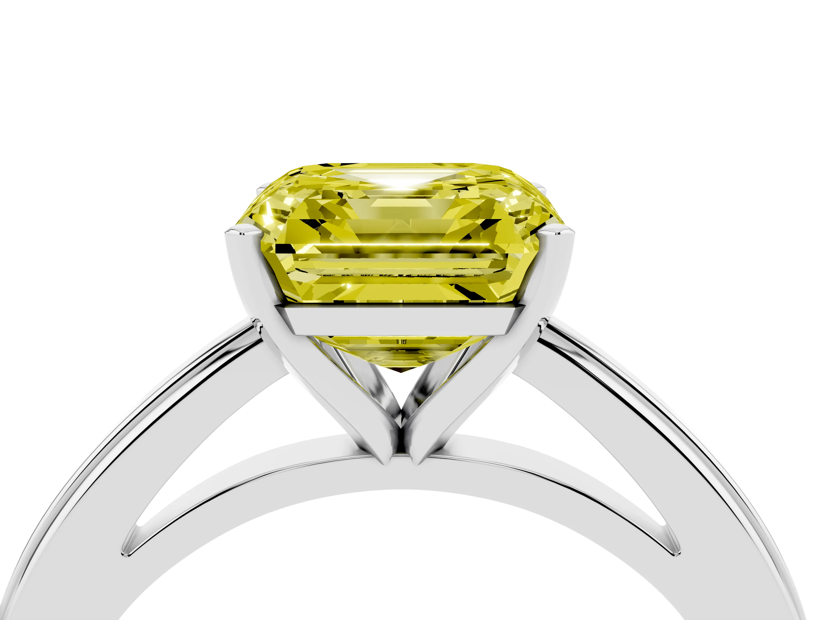Fancy Yellow Asscher Cut Diamond Solitaire Ring Set in White gold with Prong Setting and Classic Band
