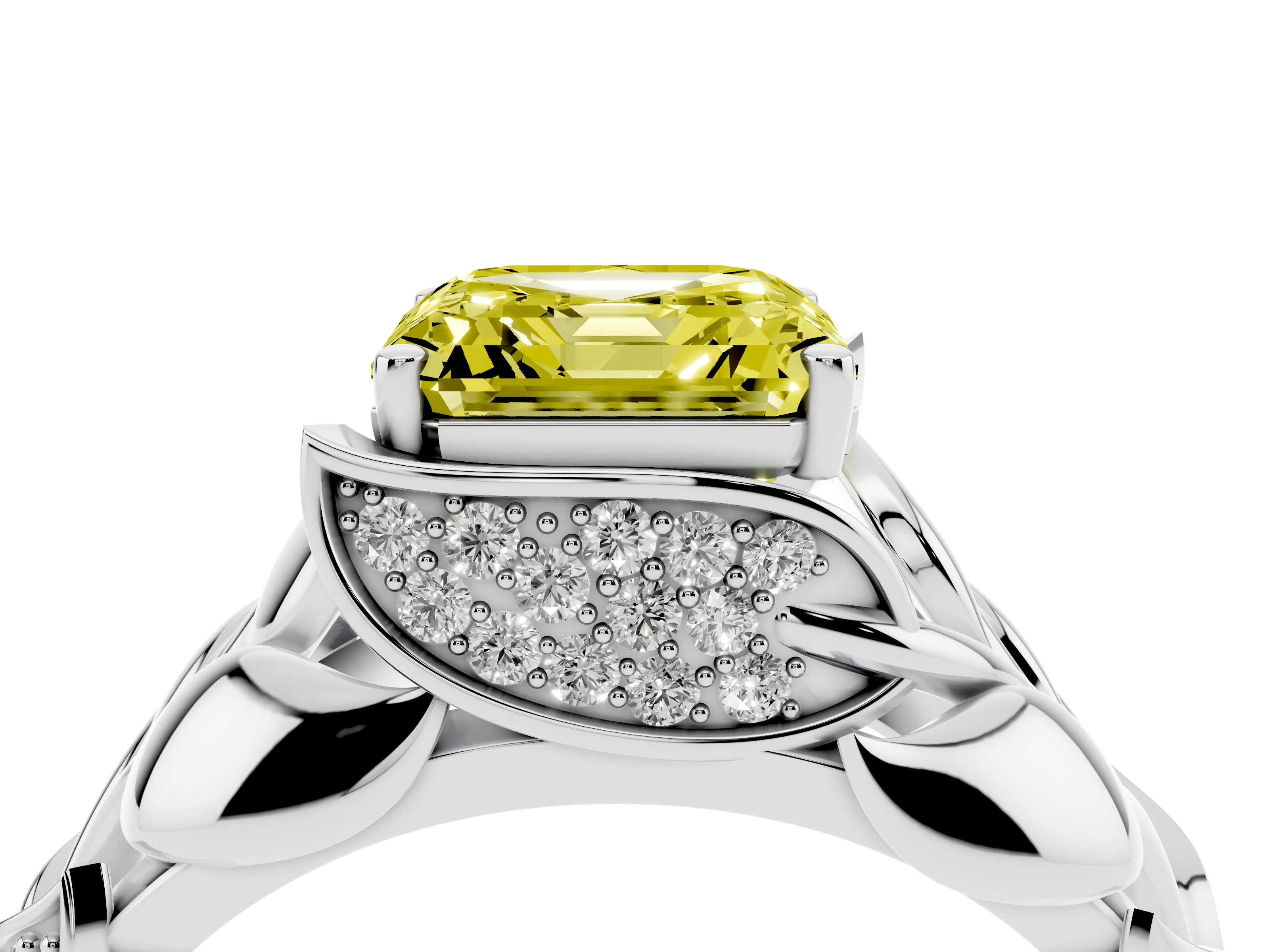 Fancy Yellow Asscher Cut Diamond Leaf-Inspired Engagement Ring Set in White gold with Round Accents