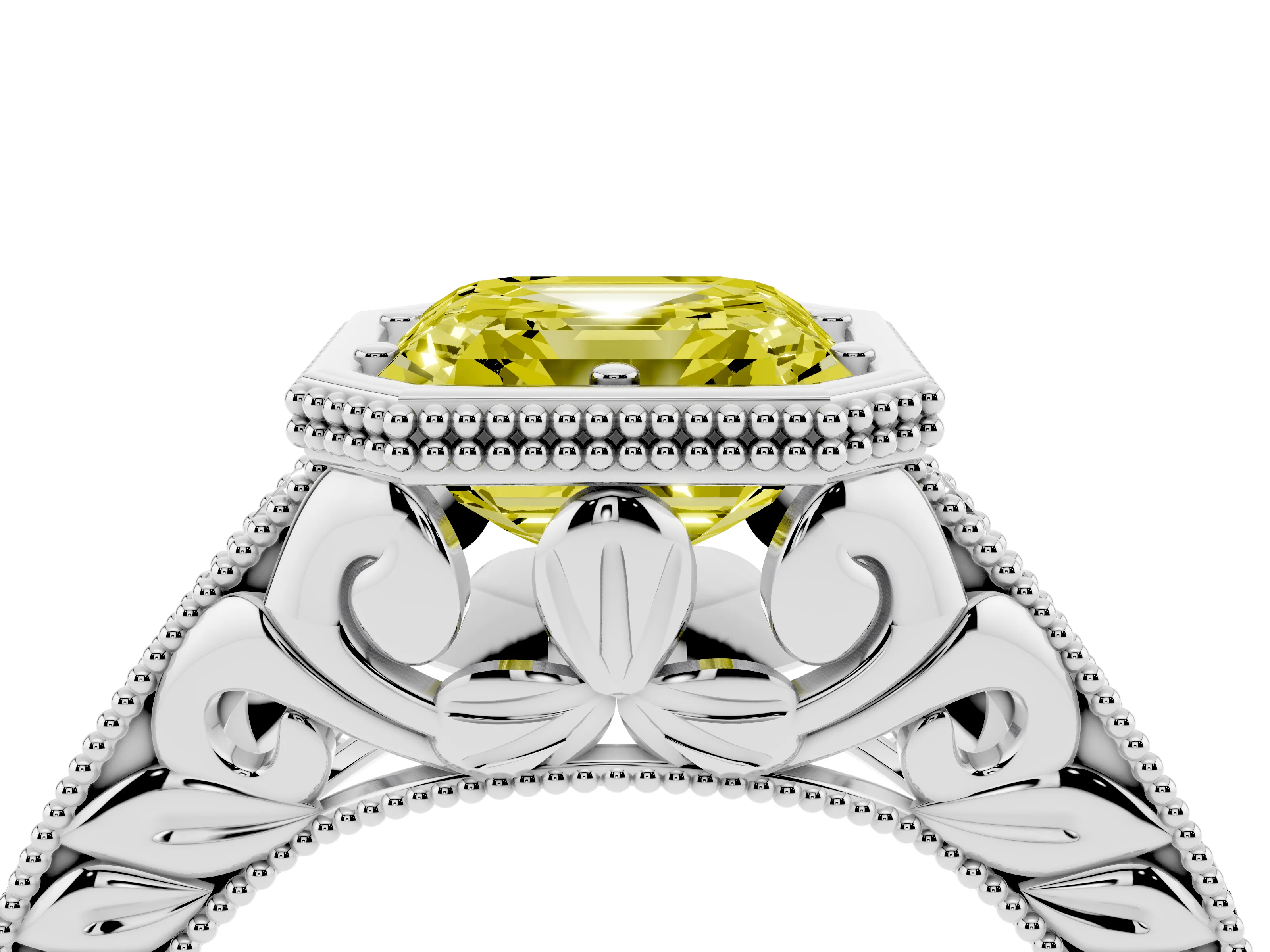 Fancy Yellow Bezel Set Asscher Cut Diamond Milgrain Pavé Engagement Ring Set in Silver