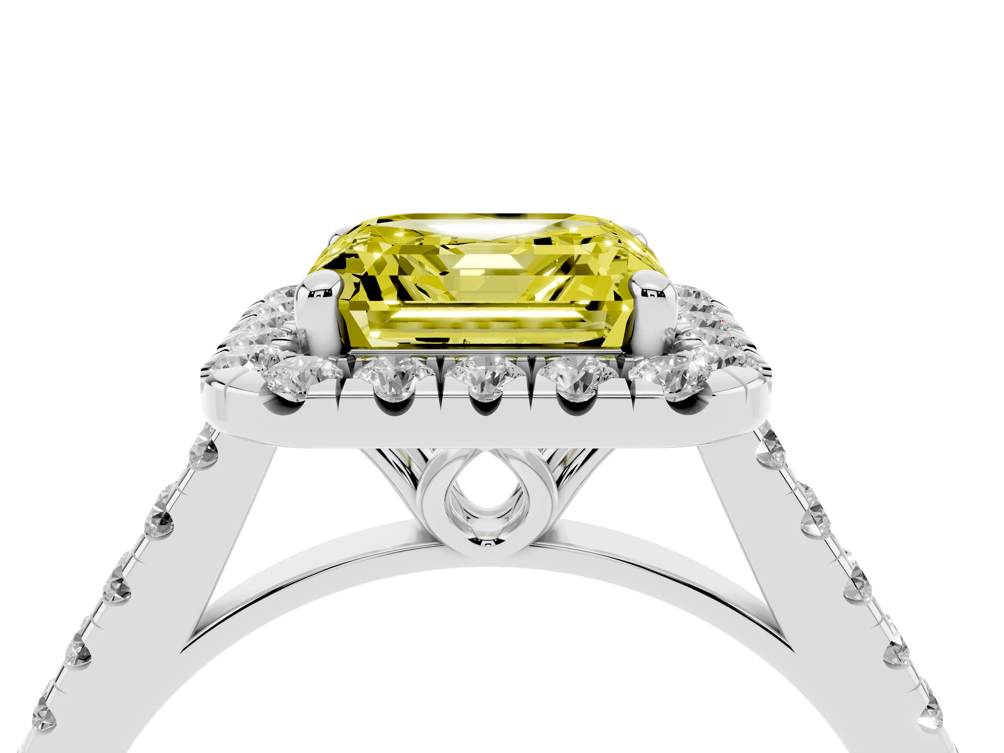 Fancy Yellow Asscher Cut Diamond Pavé Halo Engagement Ring Set in White gold with Pavé Band and Prong Setting