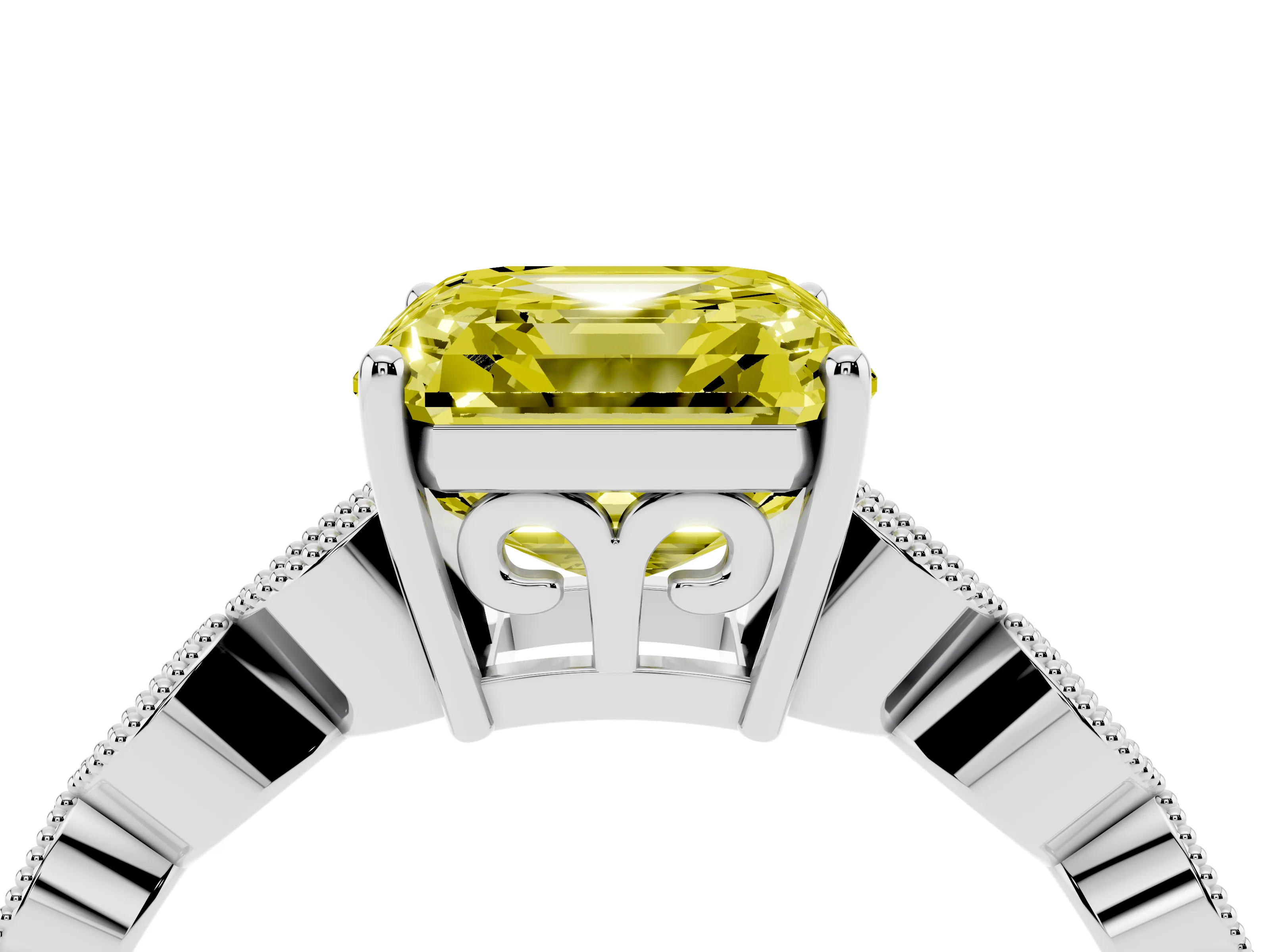 Fancy Yellow Asscher Cut Diamond Solitaire Ring Set in White gold with Infinity Twist Pavé Band