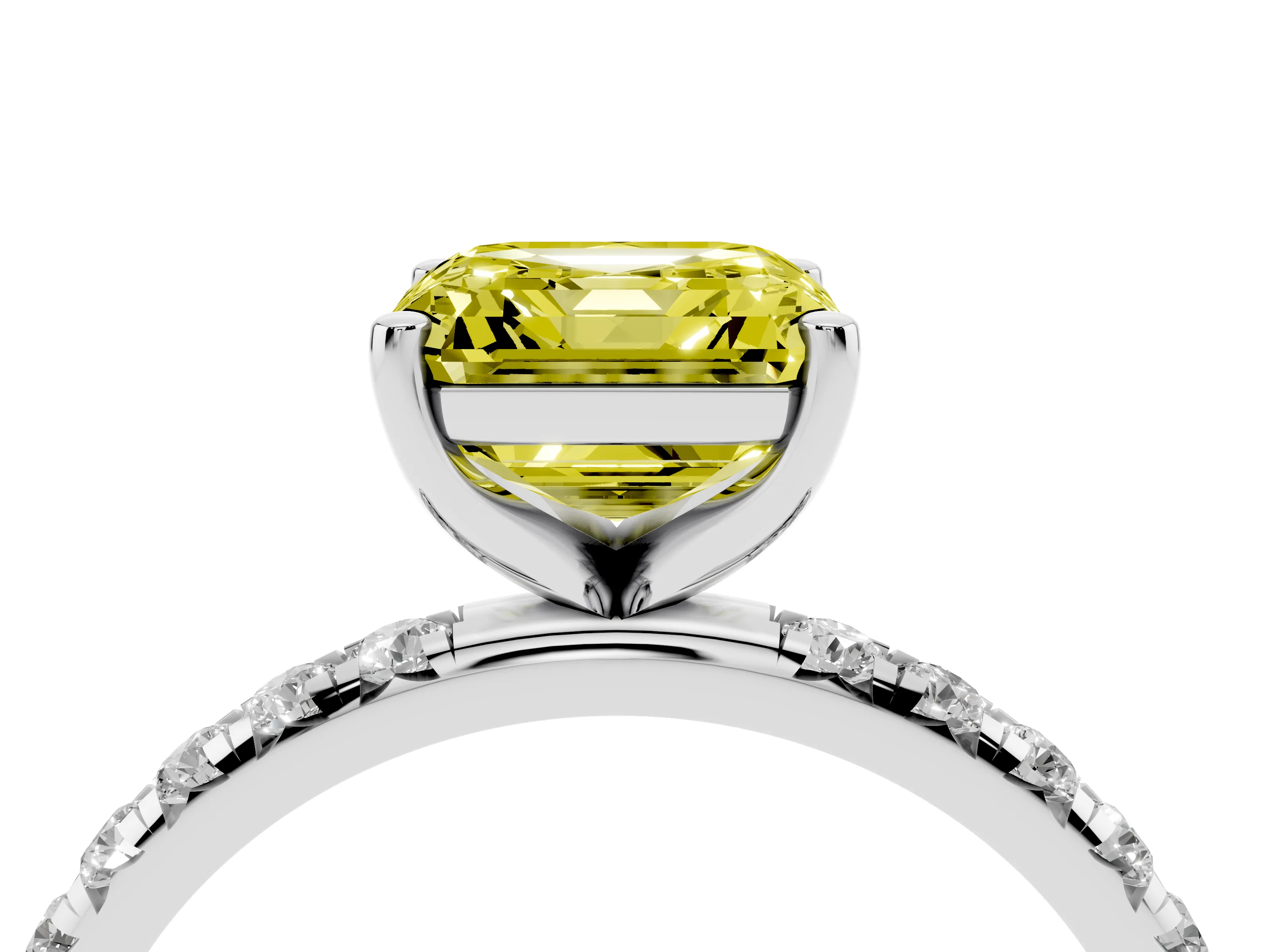 Fancy Yellow Asscher Cut Diamond Solitaire Ring Set in Silver with Micro Pavé Band and Prong Setting