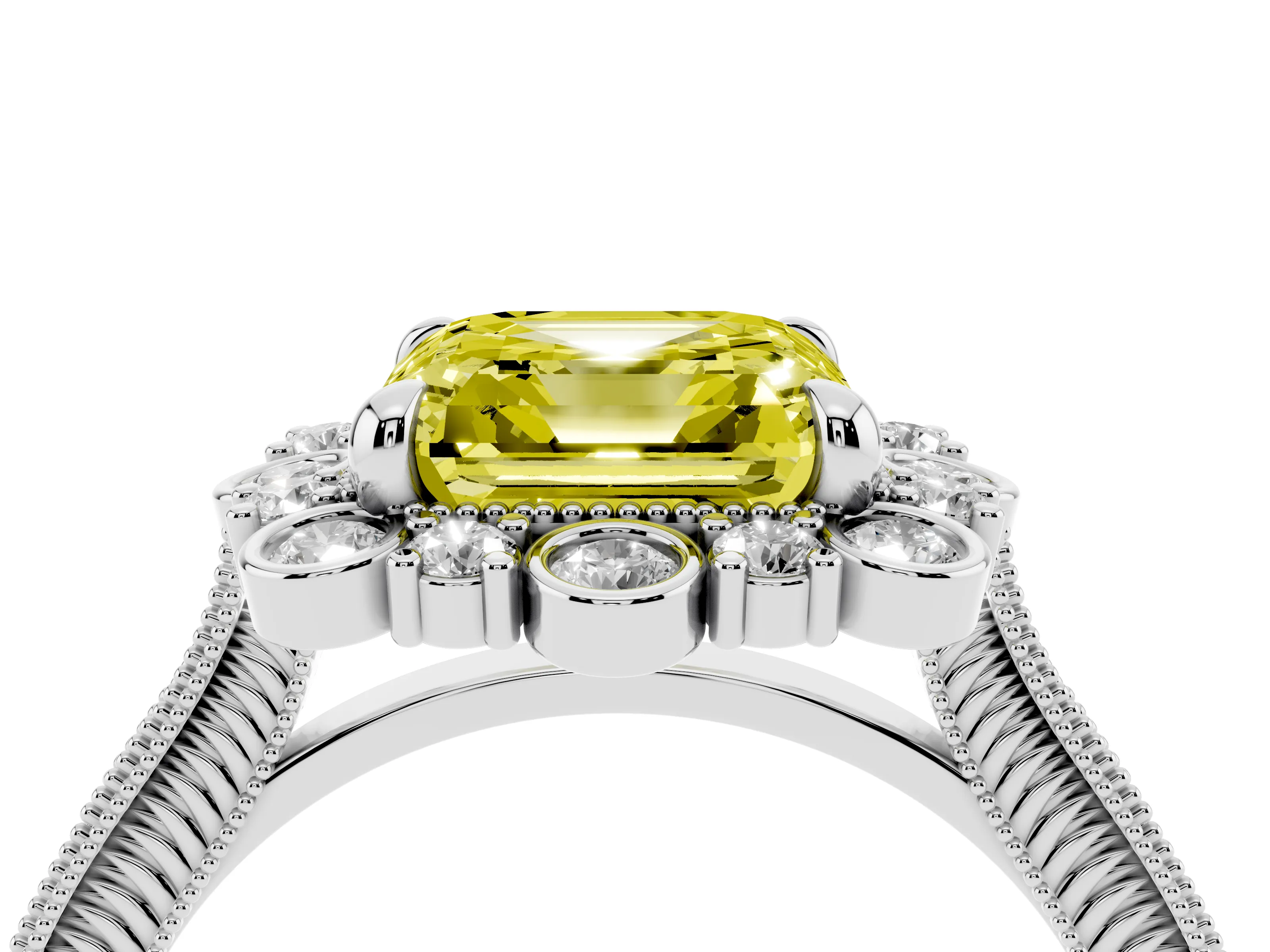 Fancy Yellow Asscher Cut Diamond Halo Milgrain Pavé Ring Set in Silver with Prong Setting