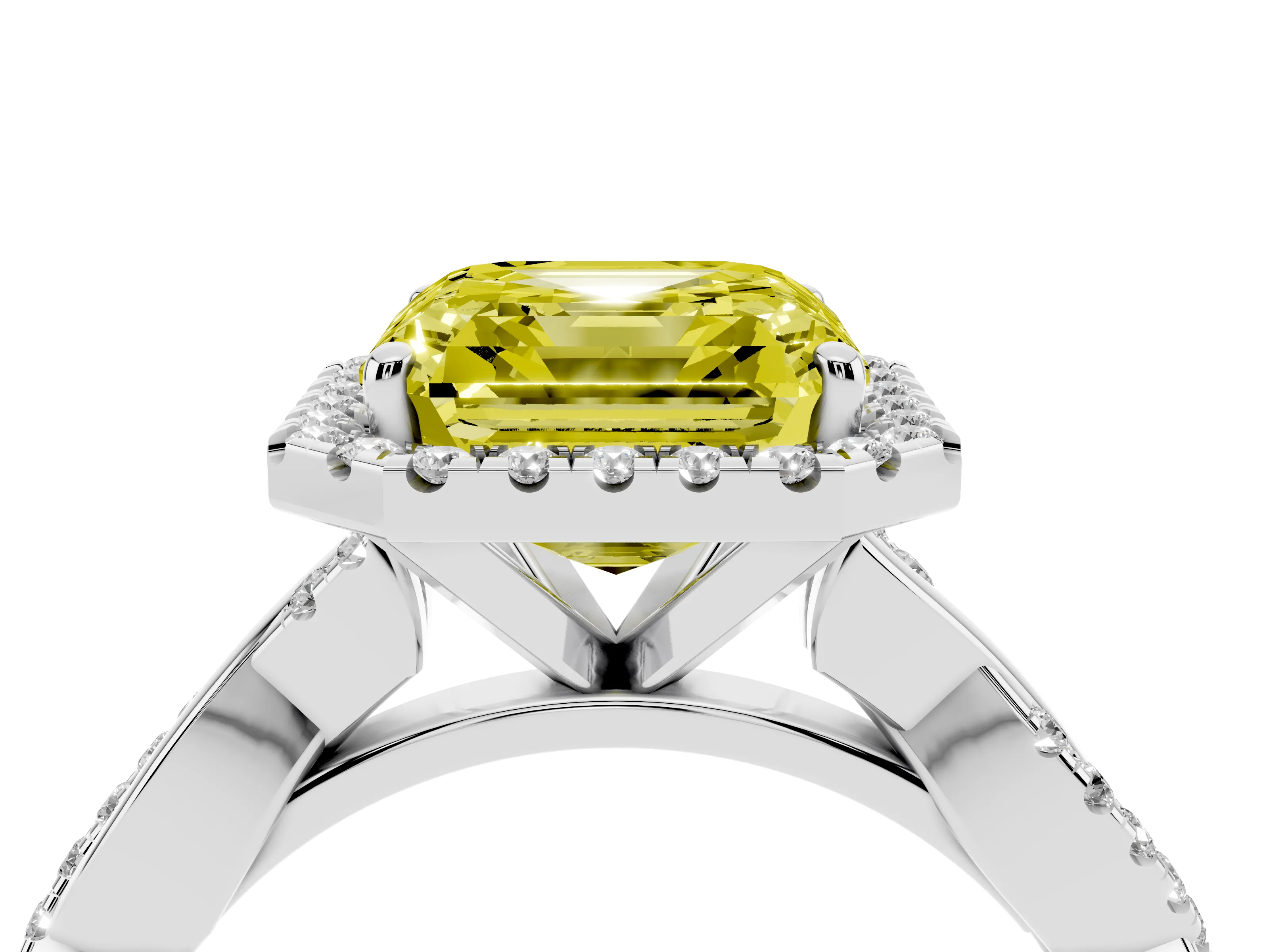 Fancy Yellow Asscher Cut Diamond Halo Twisted Band Ring Set in Platinum with Prong Setting