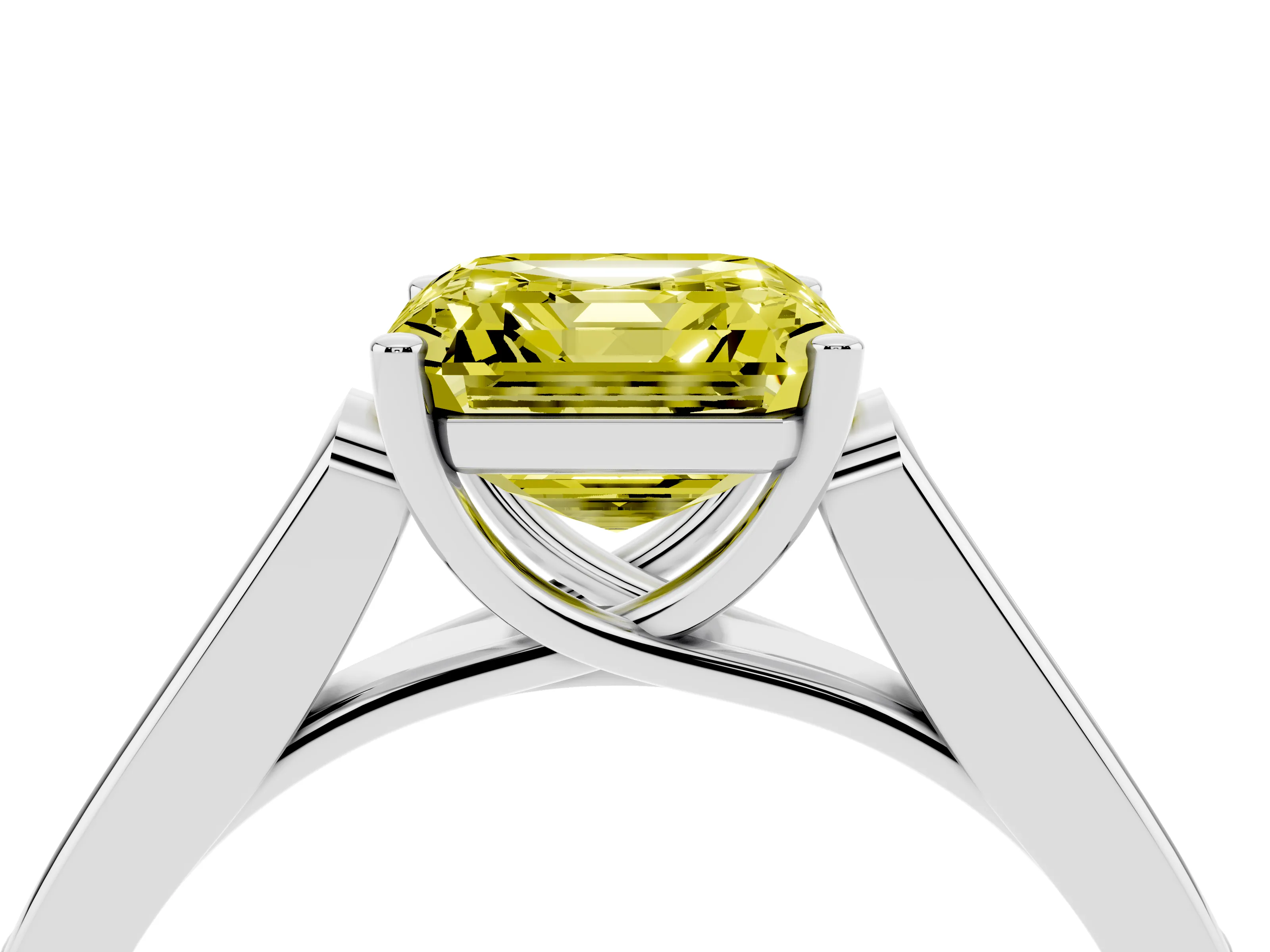 Fancy Yellow Asscher Cut Diamond Solitaire Cathedral Engagement Ring Set in White gold with Channel-Set Band and Prong Setting