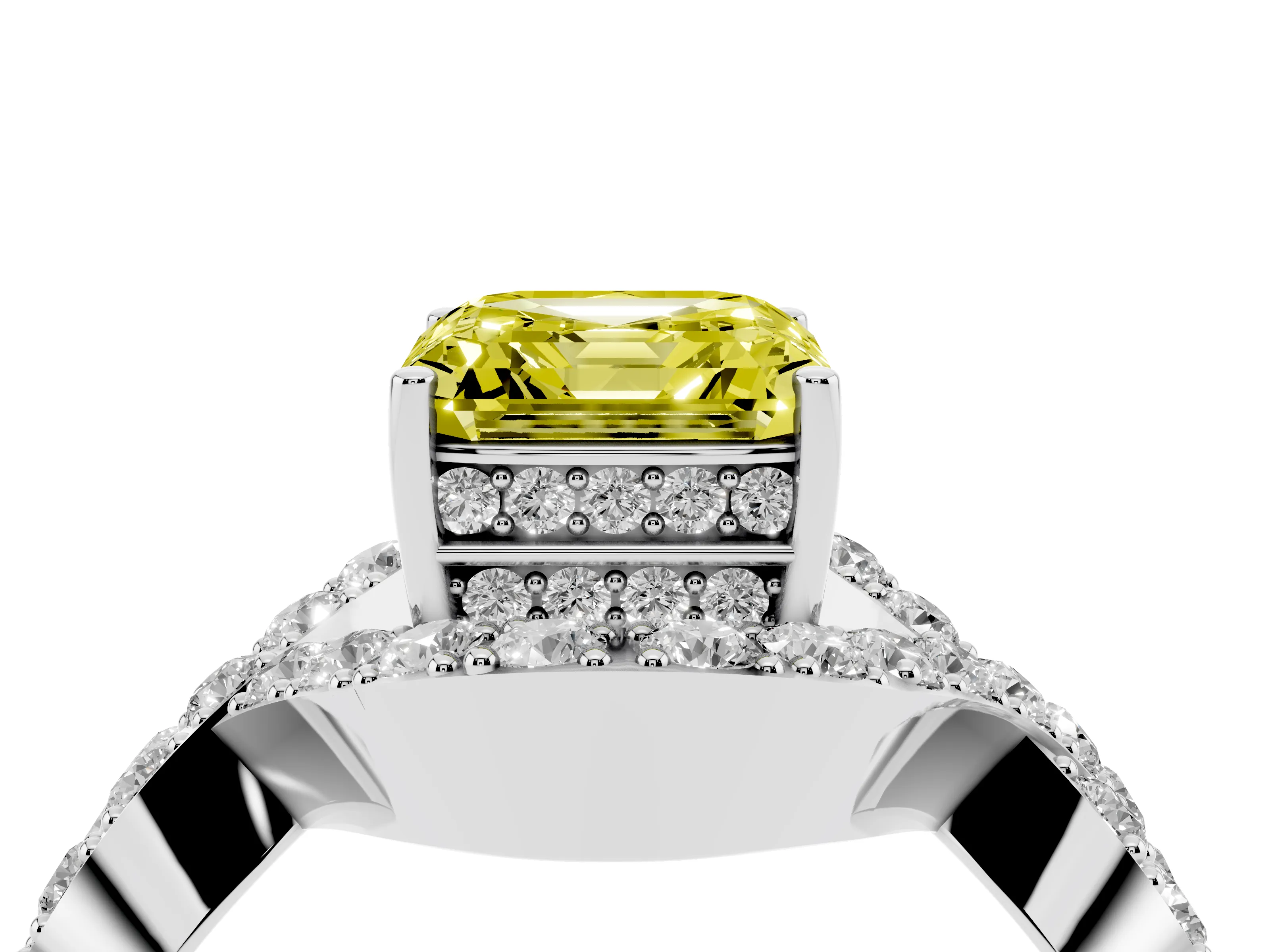 Fancy Yellow Asscher Cut Diamond Solitaire Twist Band Pavé Engagement Ring Set in Silver