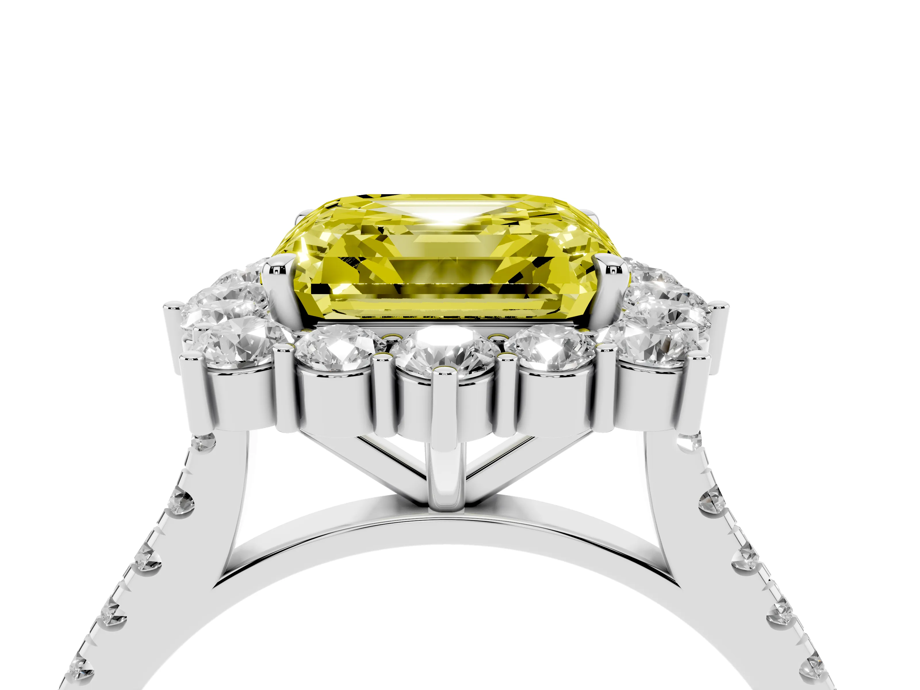 Fancy Yellow Asscher Cut Diamond Halo Ring Set in Platinum with Pavé Band and Prong Setting