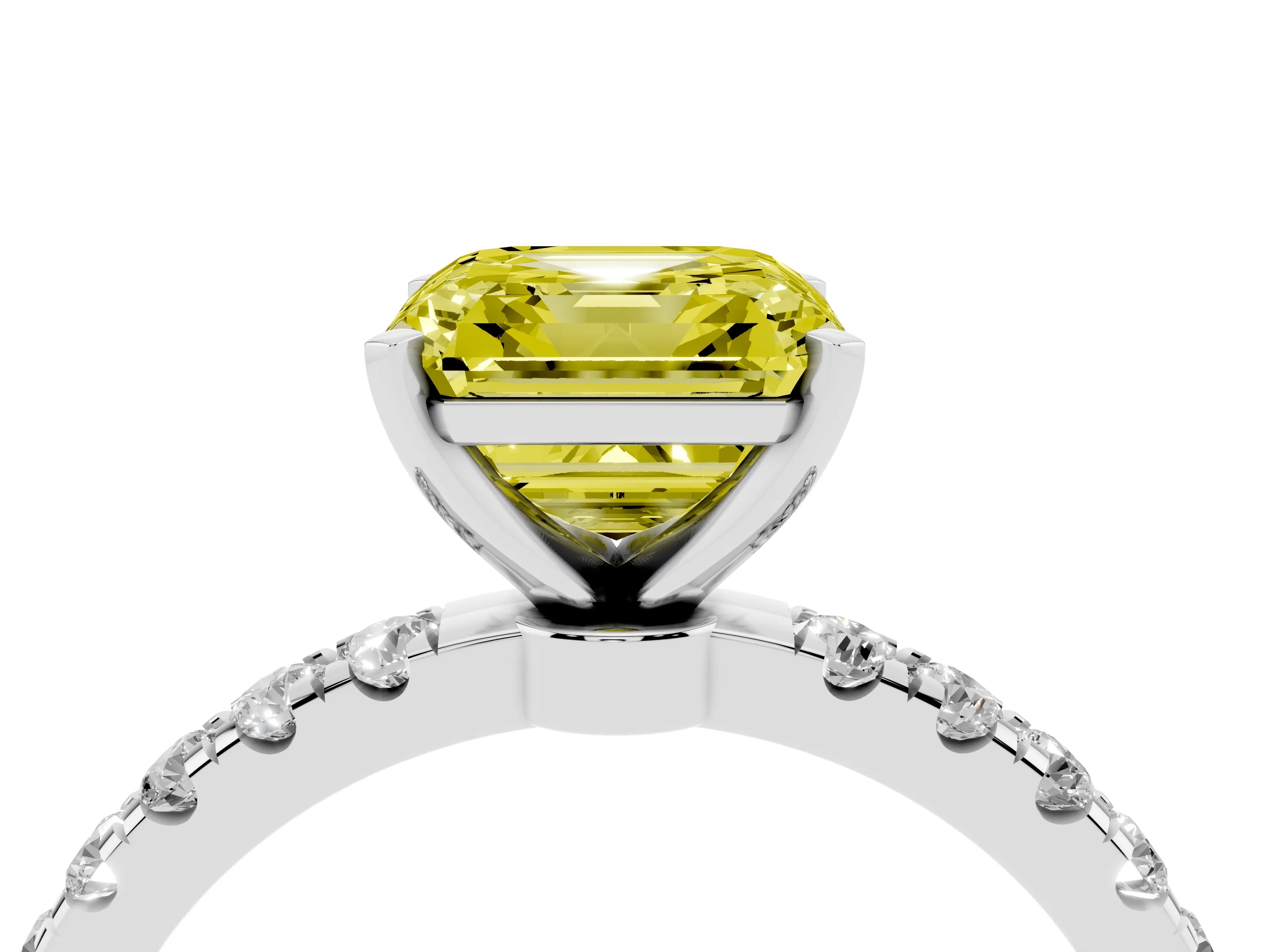Fancy Yellow Asscher Cut Diamond Solitaire Ring Set in Platinum with Pavé Accents and Prong Setting