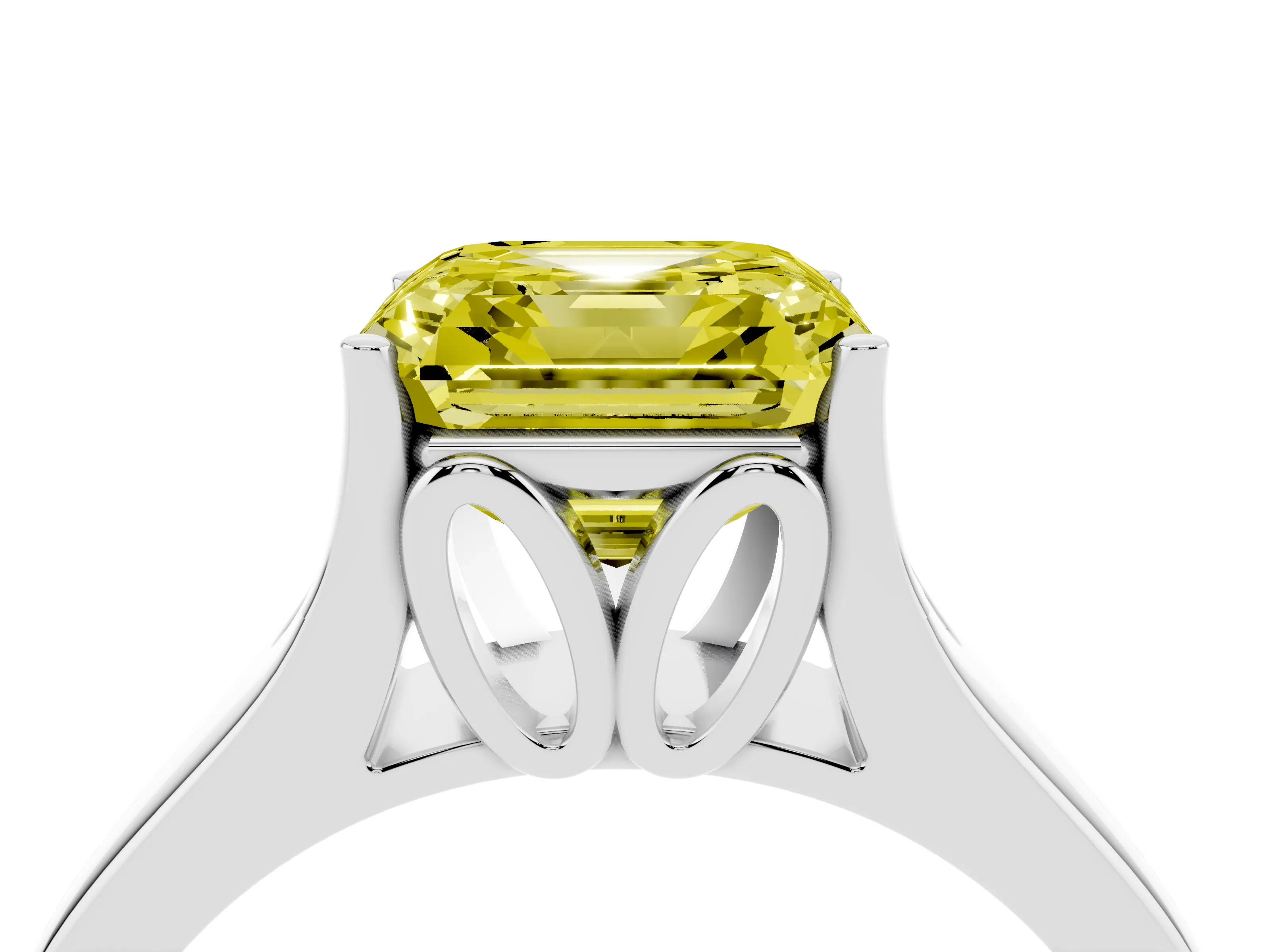 Fancy Yellow Asscher Cut Diamond Solitaire Ring Set in Platinum with Arched Cathedral Band and Prong Setting