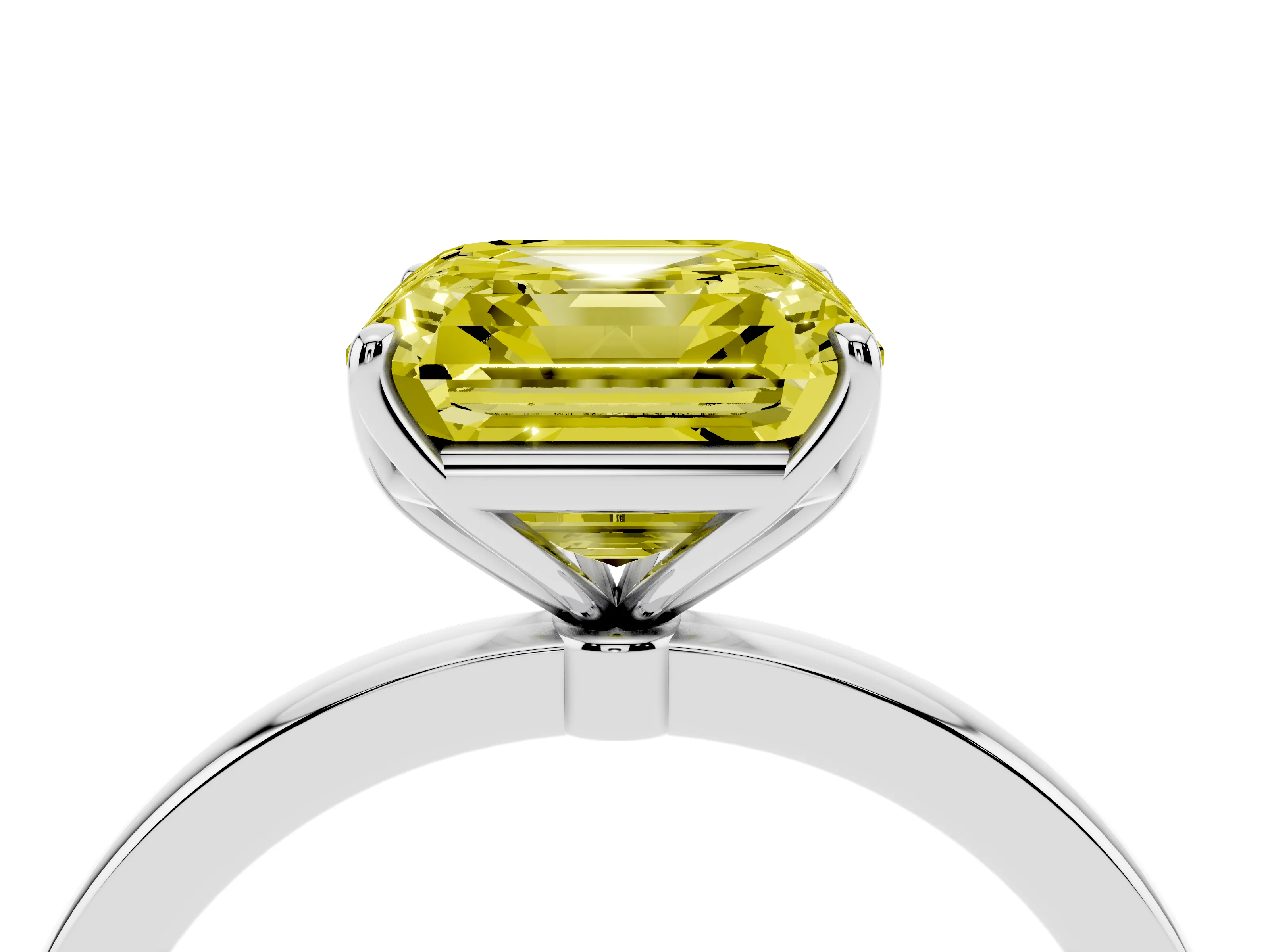 Fancy Yellow Asscher Cut Diamond Solitaire Ring Set in Platinum with Prong Setting and Thin Polished Band