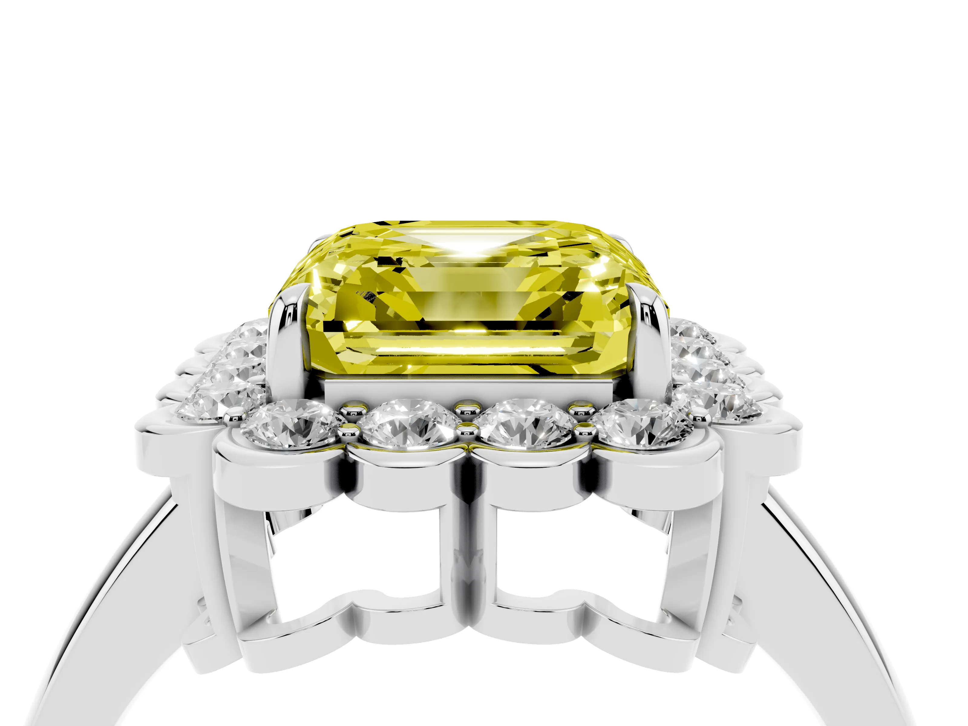 Fancy Yellow Asscher Cut Diamond Halo Cluster Engagement Ring Set in Platinum with Solitaire Band and Prong Setting
