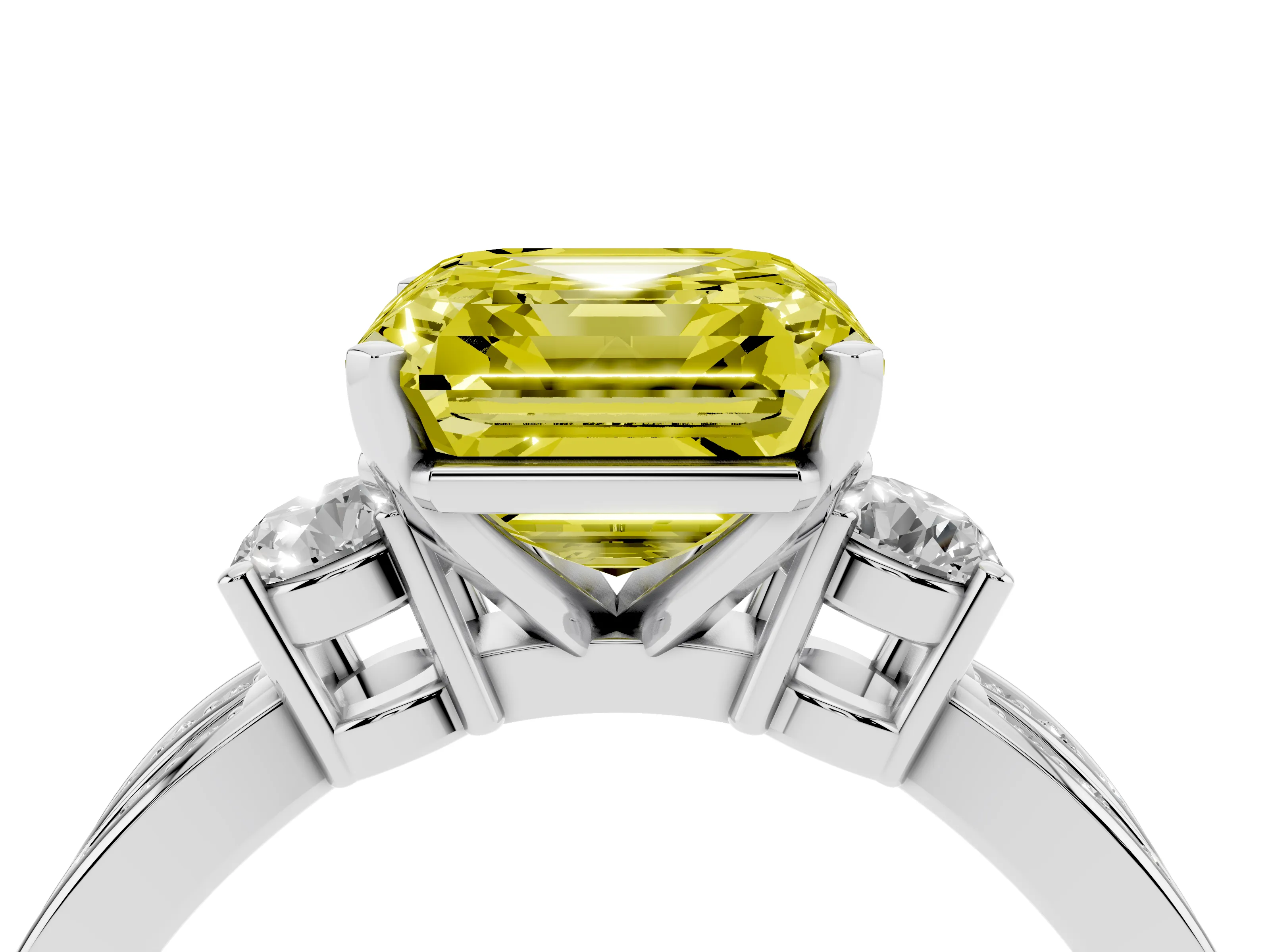 Fancy Yellow Three-Stone Asscher Cut Diamond Twist Band Ring Set in Platinum with Pavé Accents and Prong Setting