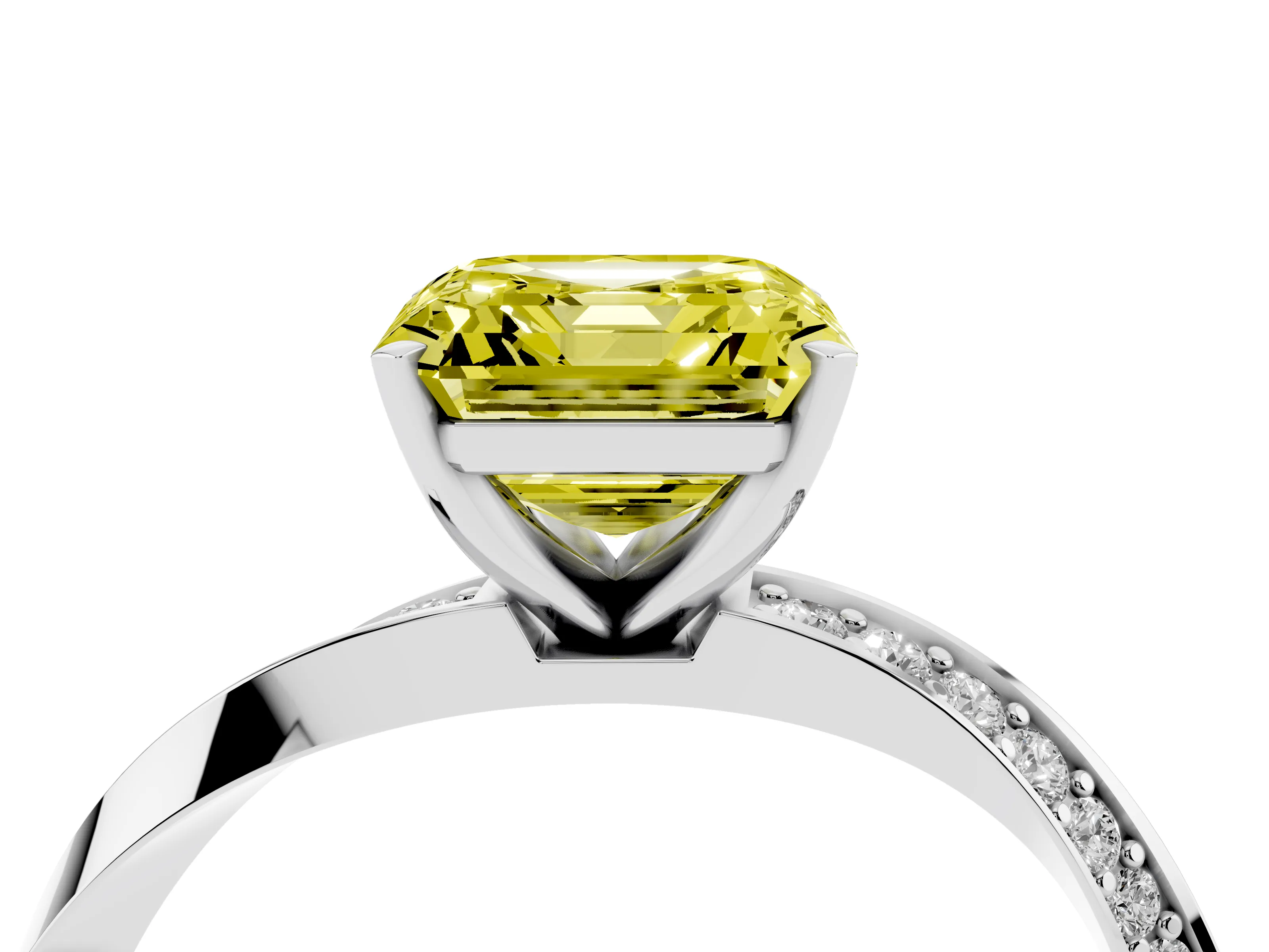 Fancy Yellow Asscher Cut Diamond Engagement Ring Set in White gold with Side Stone Accents and Prong Setting