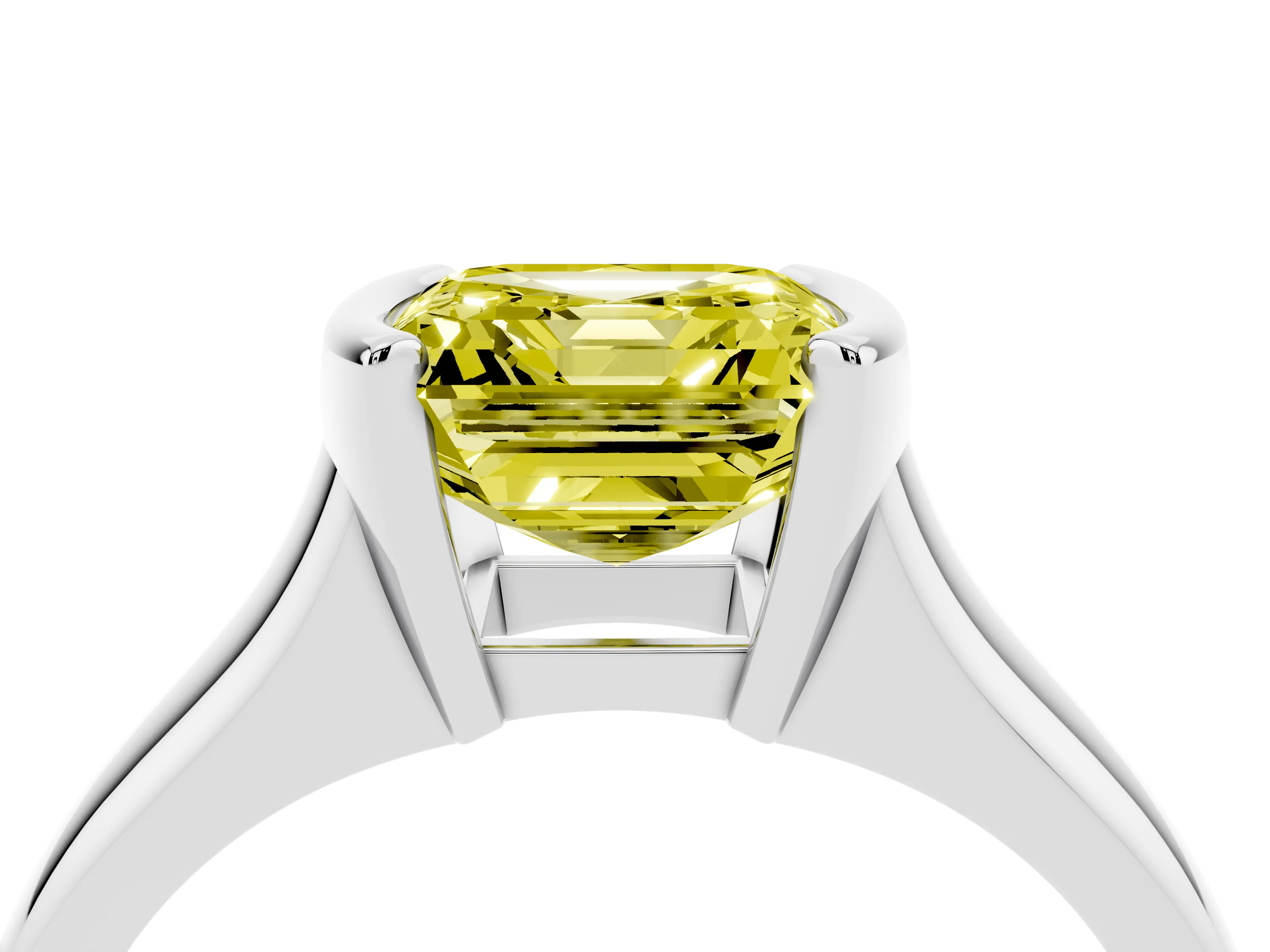 Fancy Yellow Asscher Cut Diamond Solitaire Tension Set Ring Set in Platinum with Split Shank Band