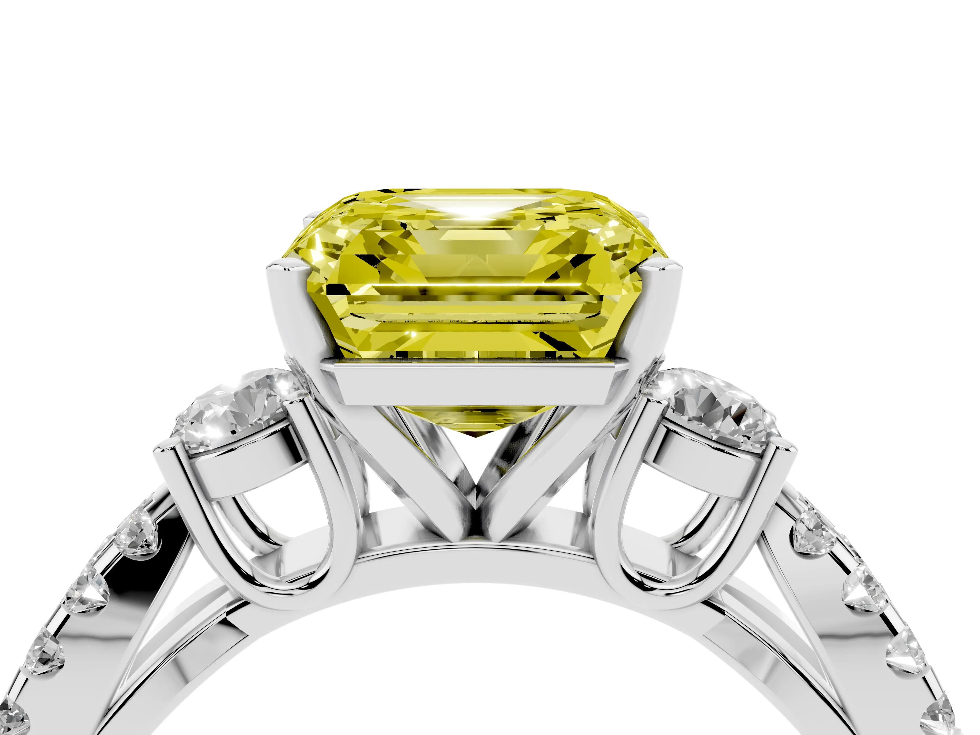 Fancy Yellow Asscher Cut Diamond Three-Stone Ring Set in Platinum with Pavé Split Shank and Prong Setting