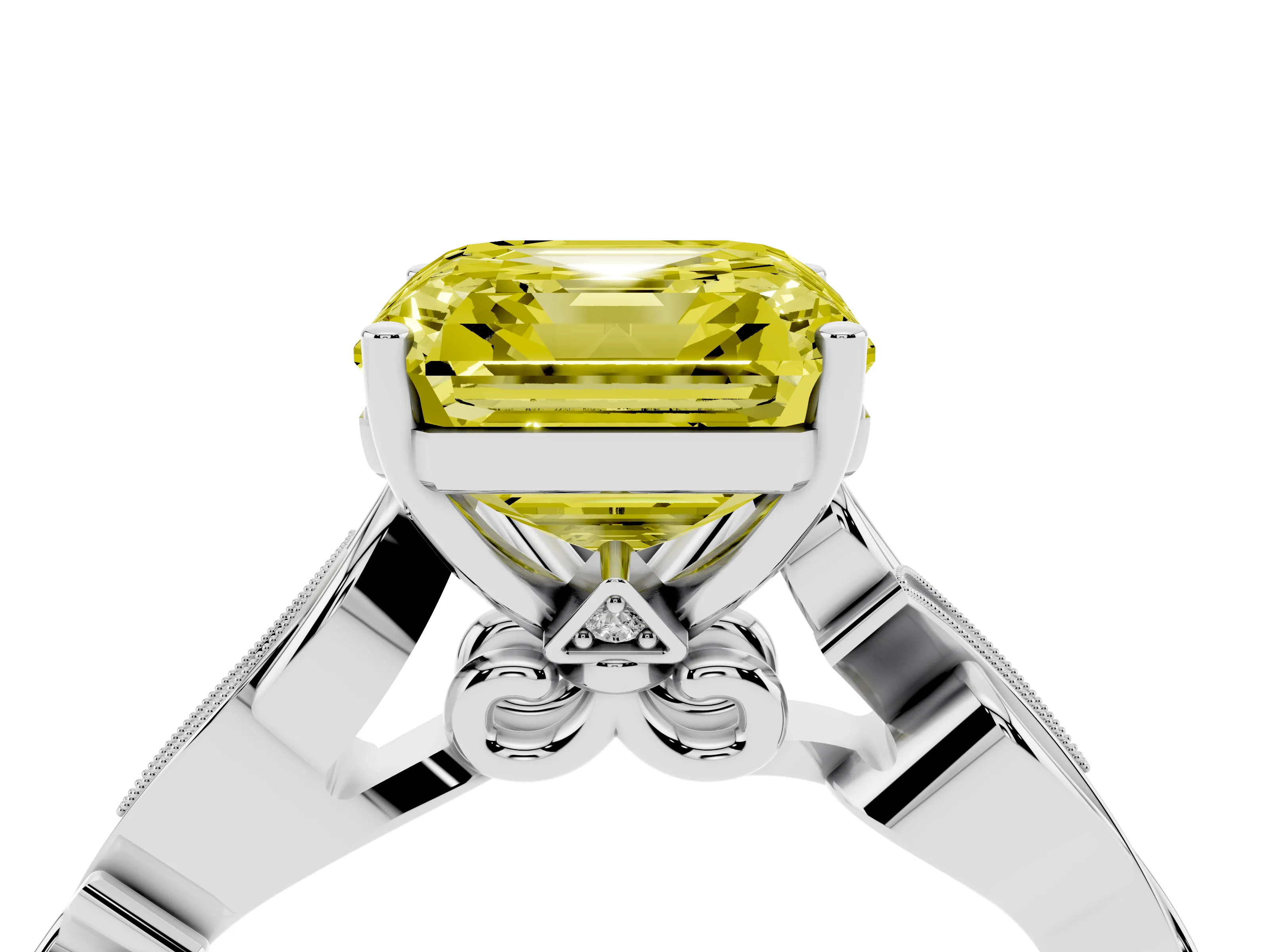 Fancy Yellow Asscher Cut Diamond Vine Band Solitaire Ring Set in White gold with Milgrain Prong Setting