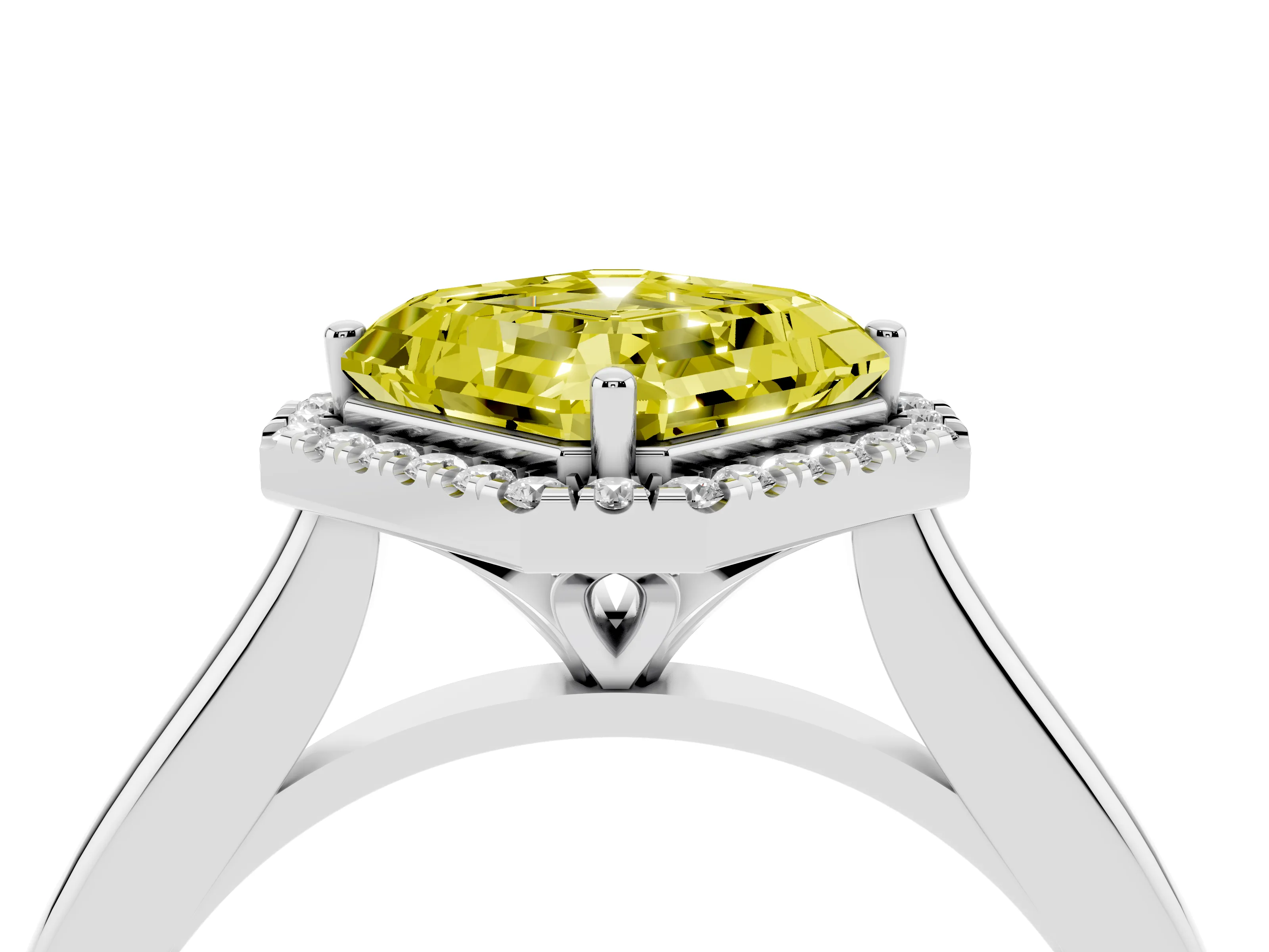 Fancy Yellow Asscher Cut Diamond Halo Engagement Ring Set in White gold with Pavé Band and Rising Shoulders