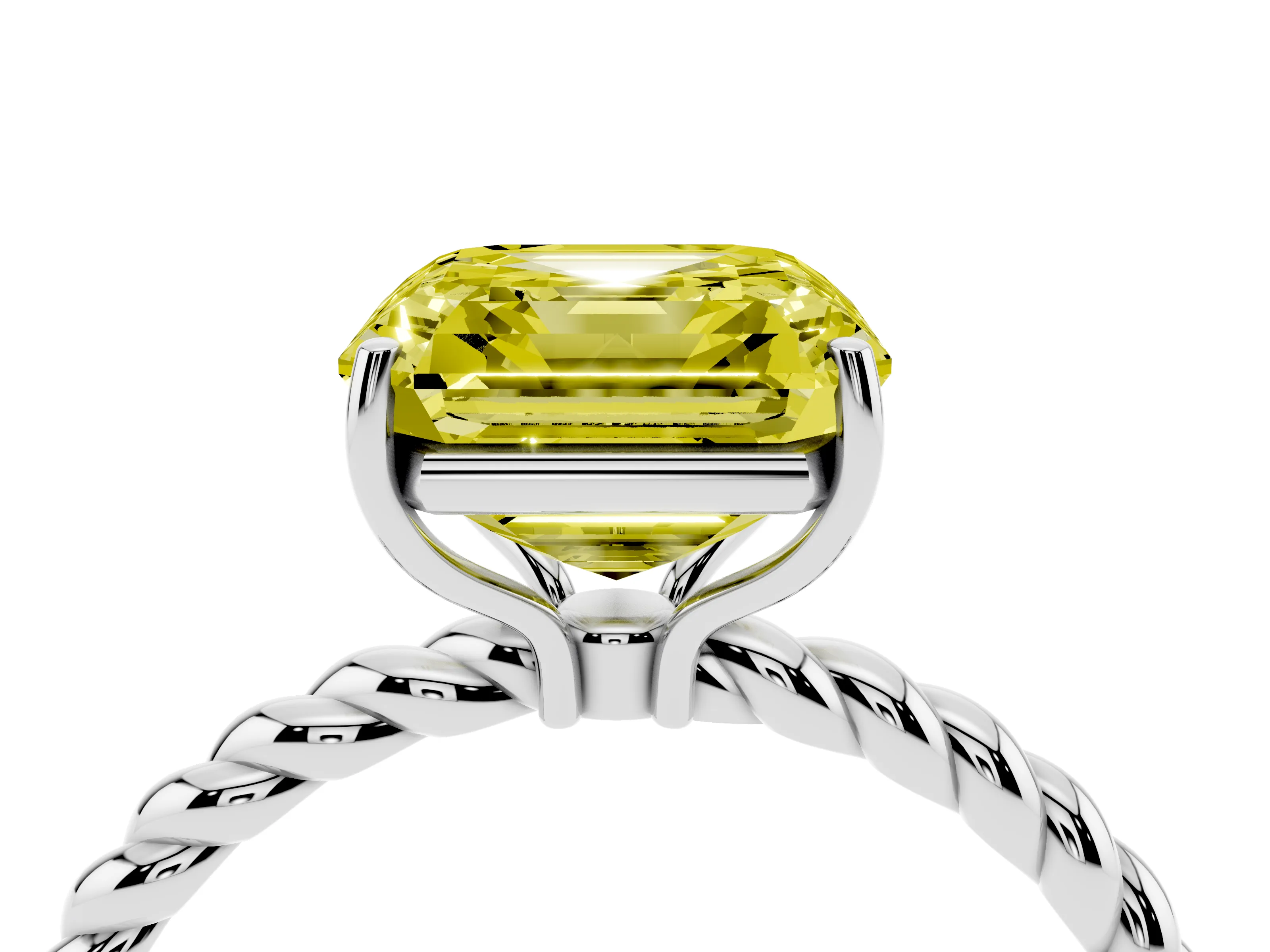 Fancy Yellow Asscher Cut Diamond Solitaire Ring Set in White gold with Twist Band and Prong Setting
