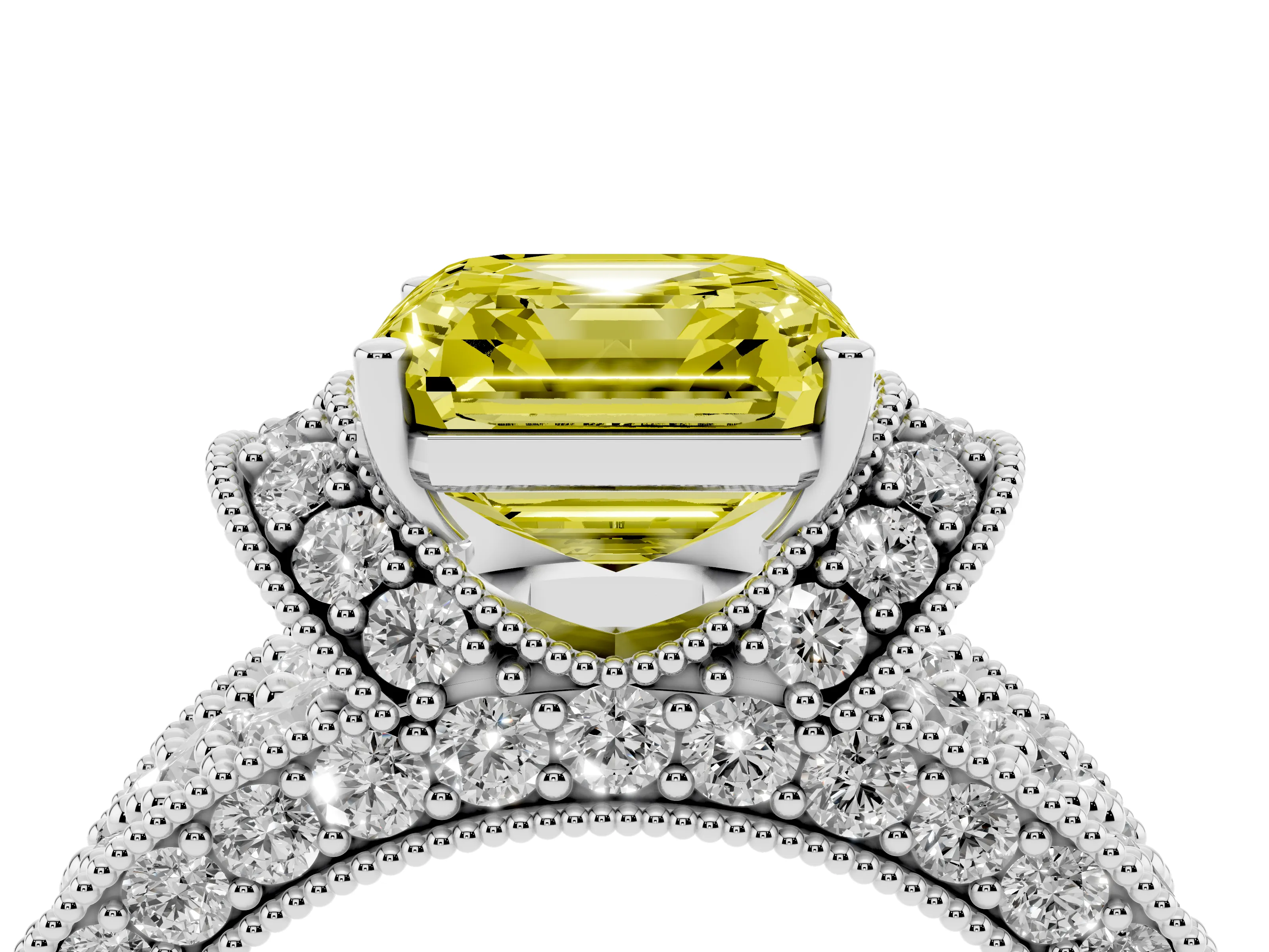 Fancy Yellow Asscher Cut Diamond Milgrain Halo Pavé Engagement Ring Set in Platinum with Prong Setting