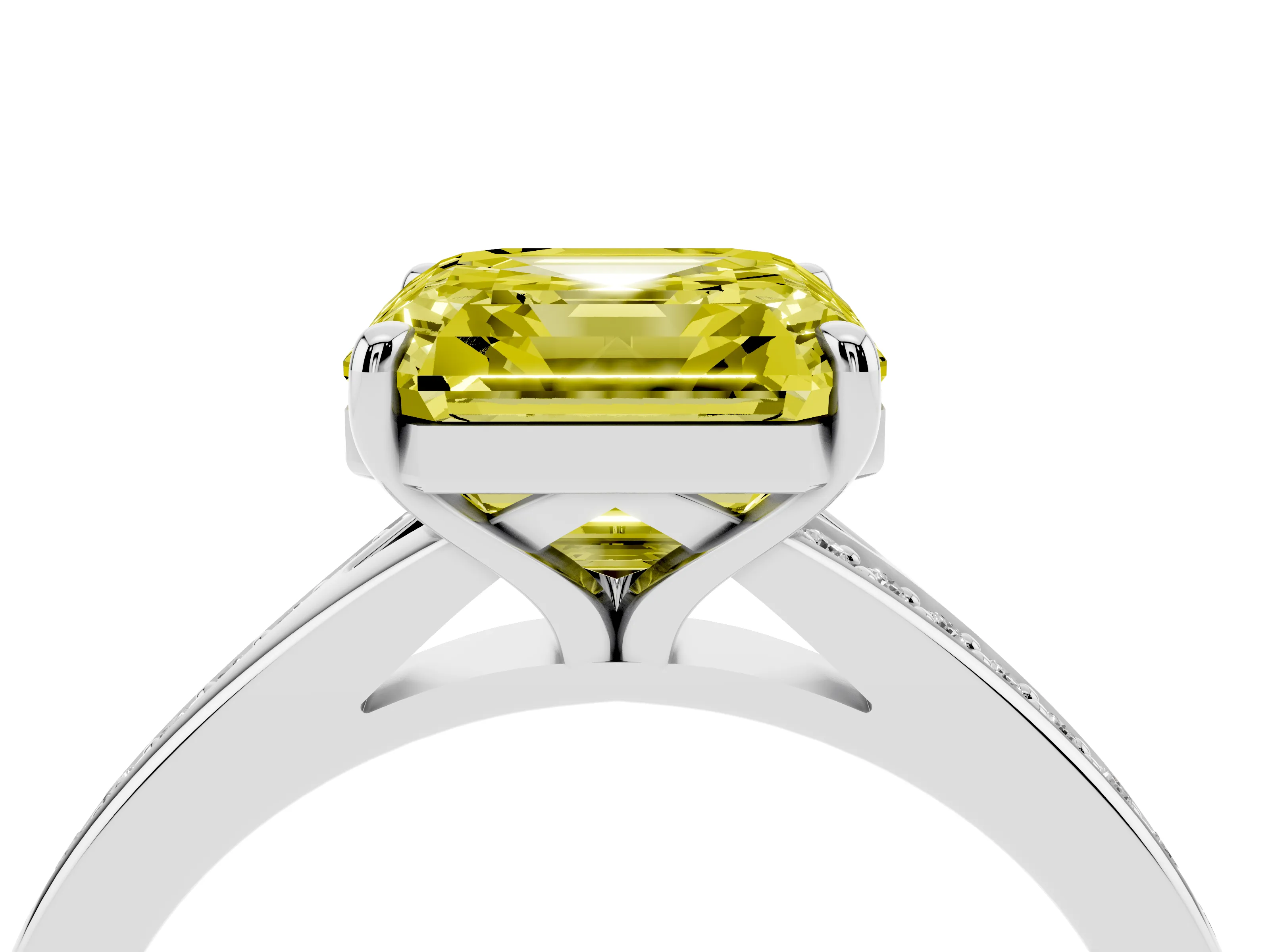 Fancy Yellow Asscher Cut Diamond Solitaire Ring Set in Platinum with Pavé Accent Band and Classic Prong Setting