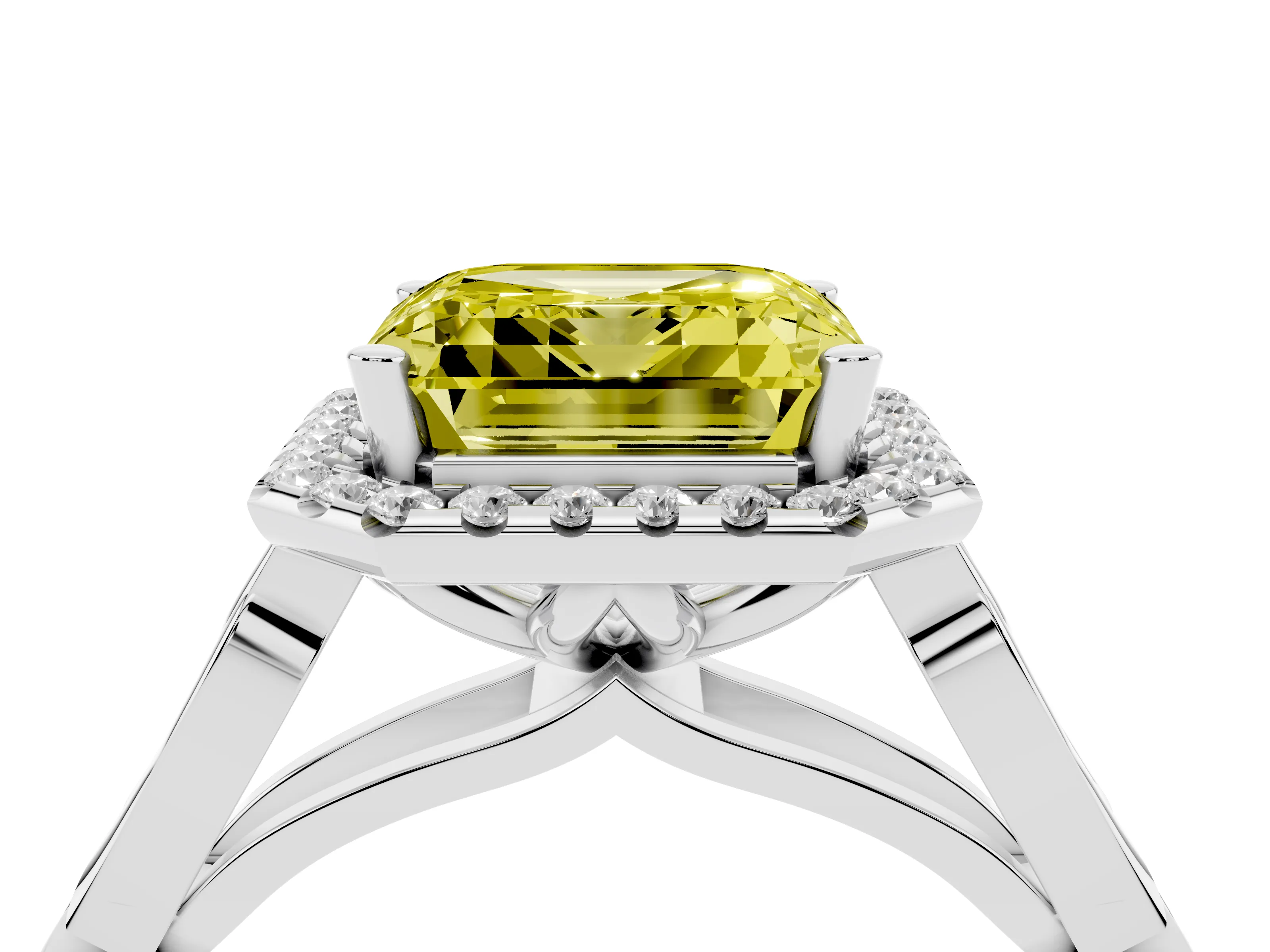 Fancy Yellow Asscher Cut Diamond Halo Engagement Ring Set in Silver with Filigree Band and Prong-Set Center
