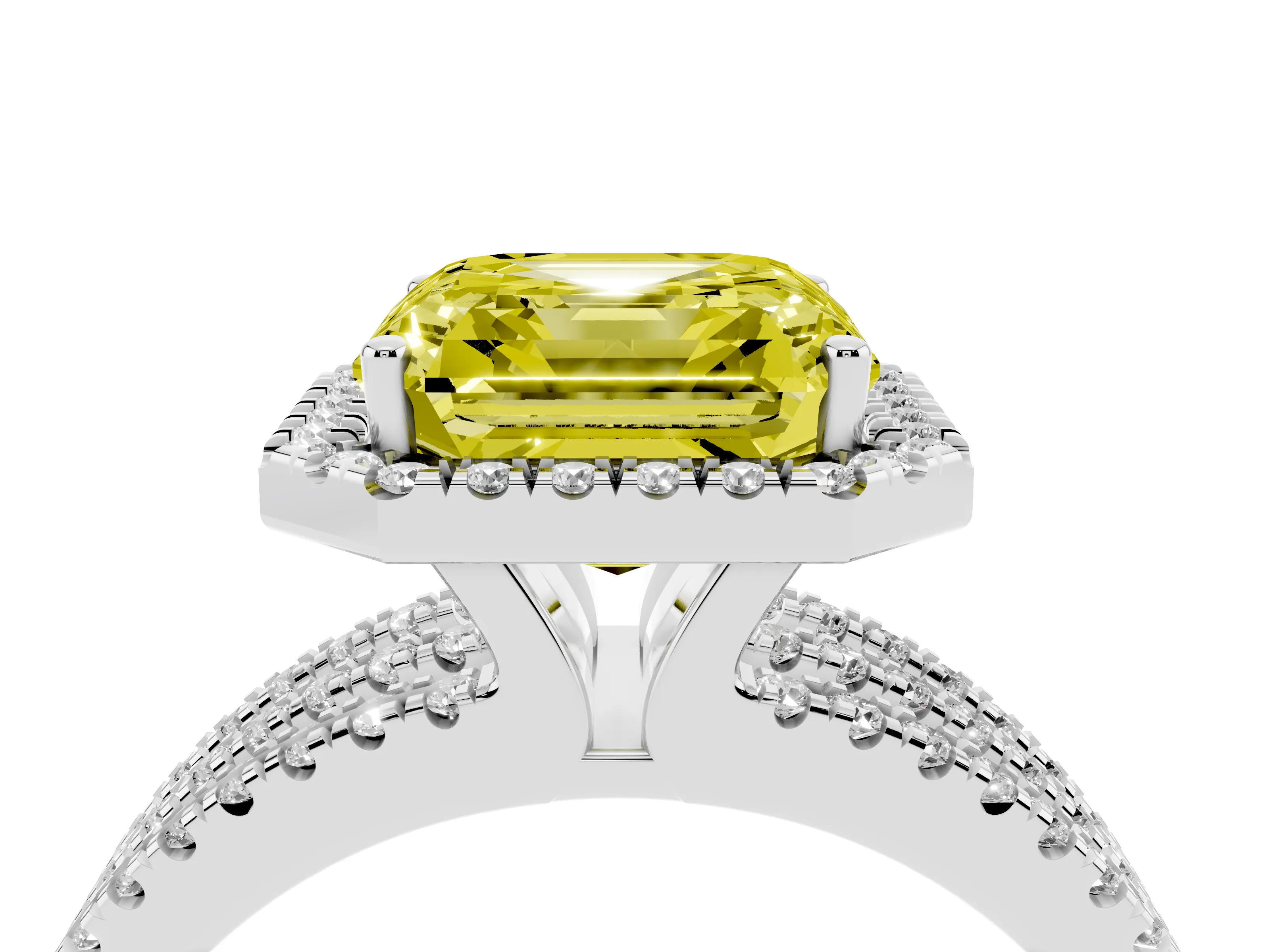 Fancy Yellow Asscher Cut Diamond Halo Split Shank Engagement Ring Set in Silver with Prong Setting