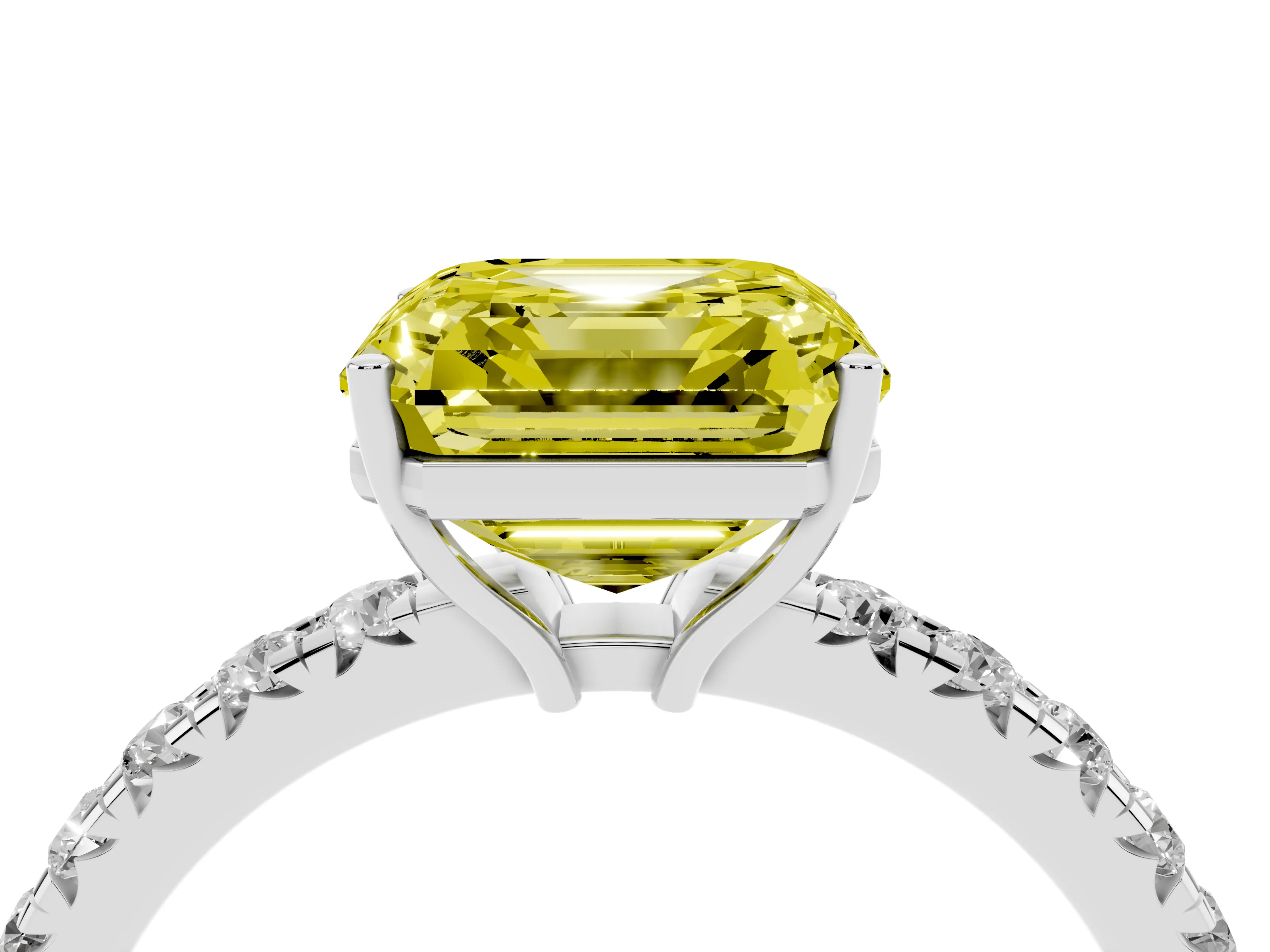 Fancy Yellow Asscher Cut Diamond Pavé Solitaire Engagement Ring Set in Platinum with Prong Setting