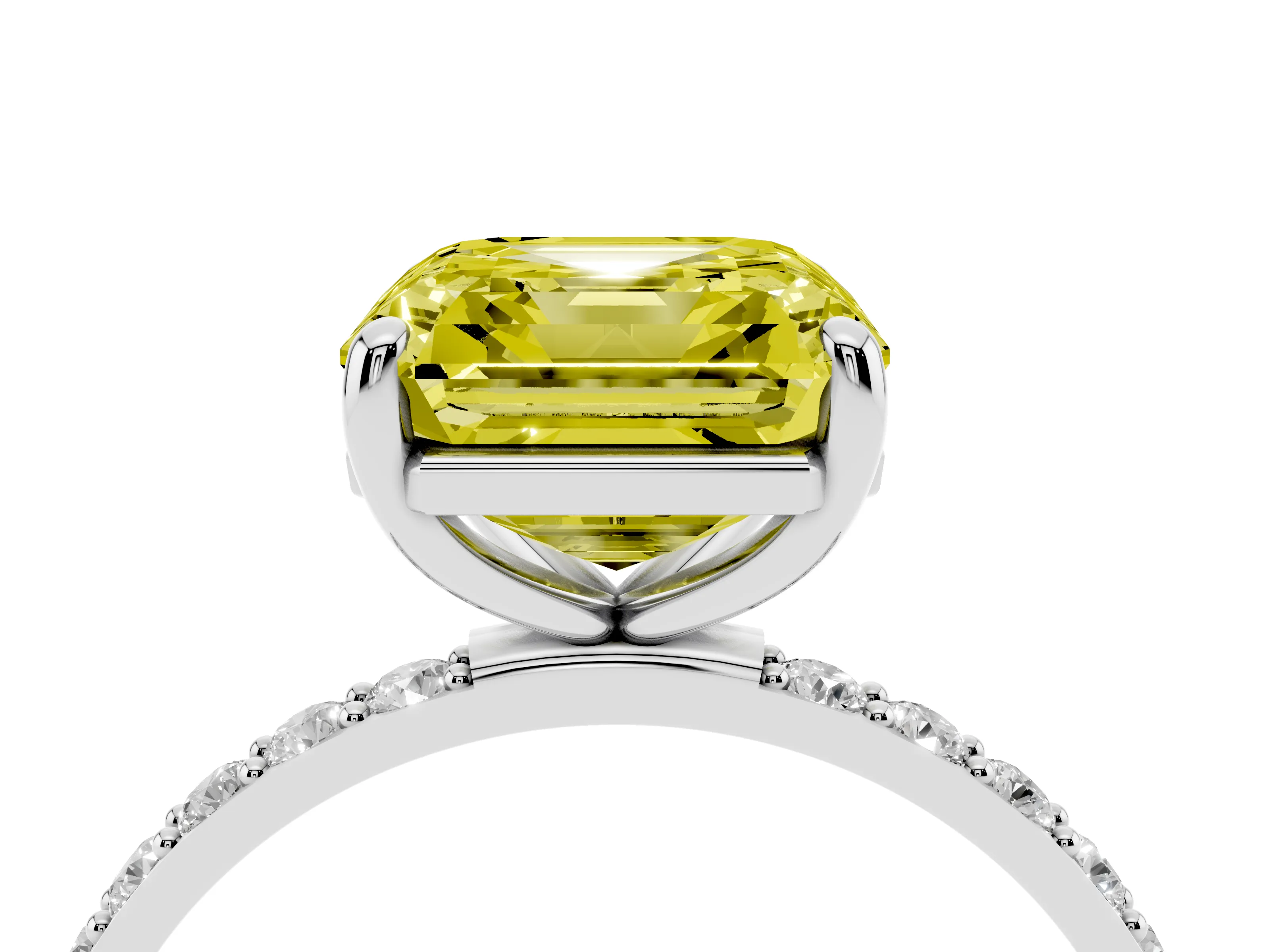 Fancy Yellow Asscher Cut Diamond Solitaire Ring Set in Silver with Round Pavé Band and Prong Setting