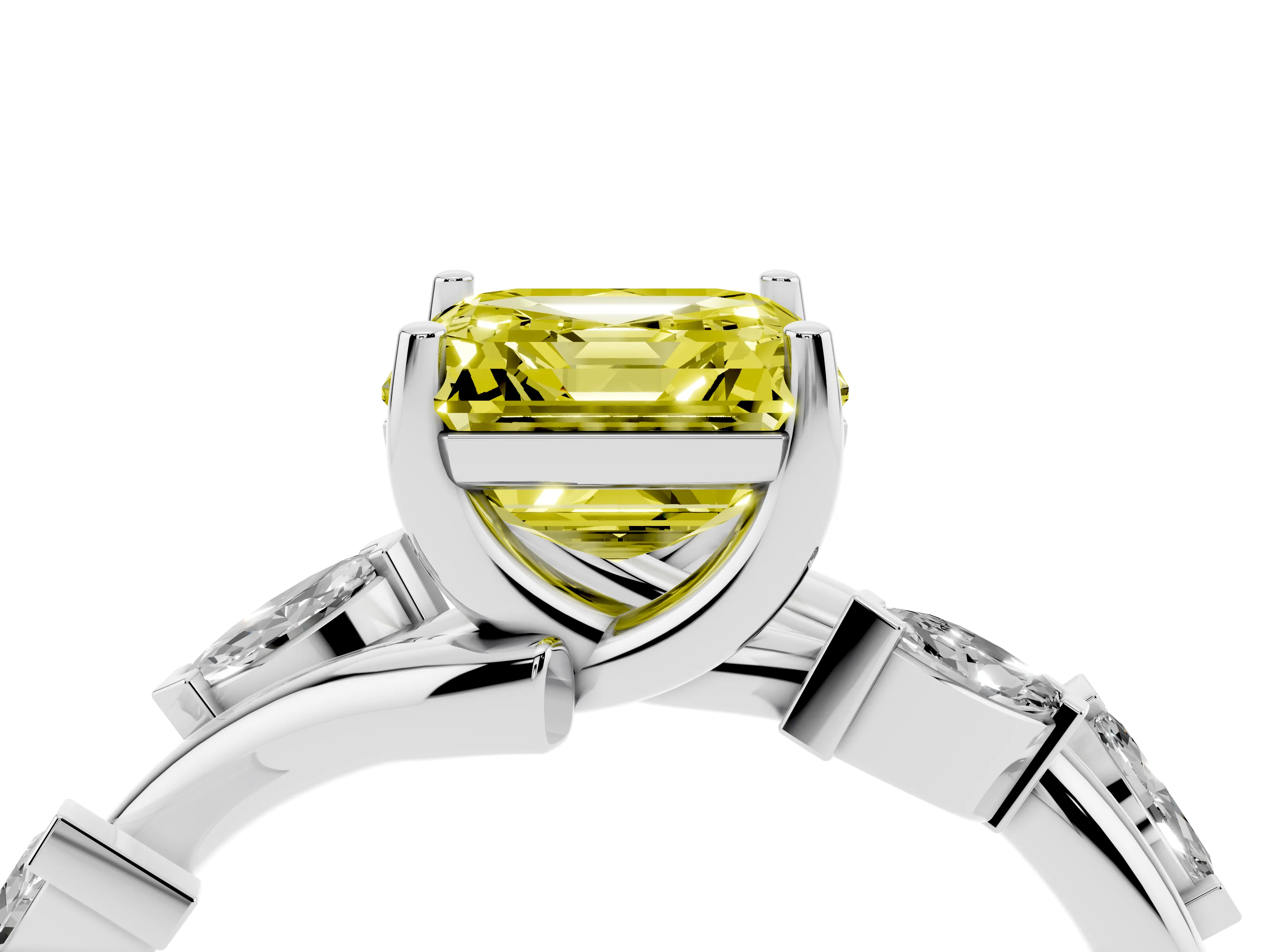 Fancy Yellow Asscher Cut Diamond Solitaire Ring Set in White gold with Twisted Marquise Accent Band