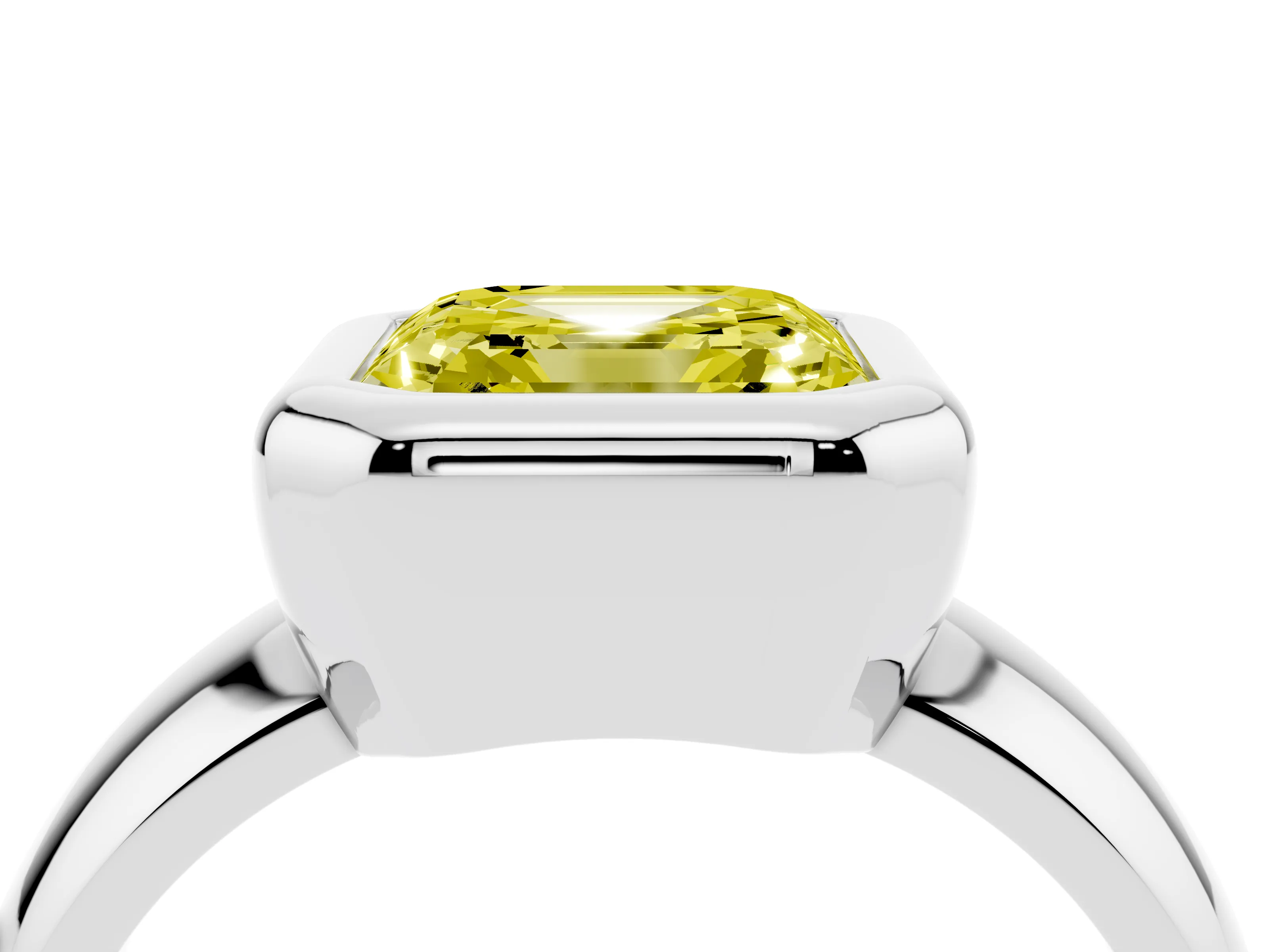 Fancy Yellow Bezel Set Asscher Cut Diamond Solitaire Ring Set in Platinum with Wide Band