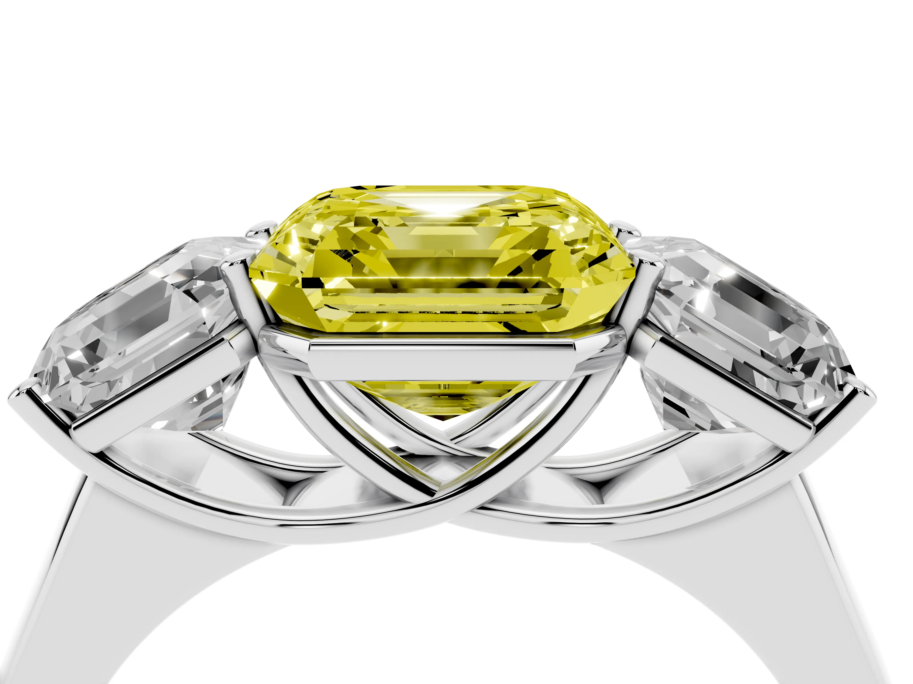 Fancy Yellow Asscher Cut Diamond Three-Stone Ring Set in White gold with Plain Polished Band