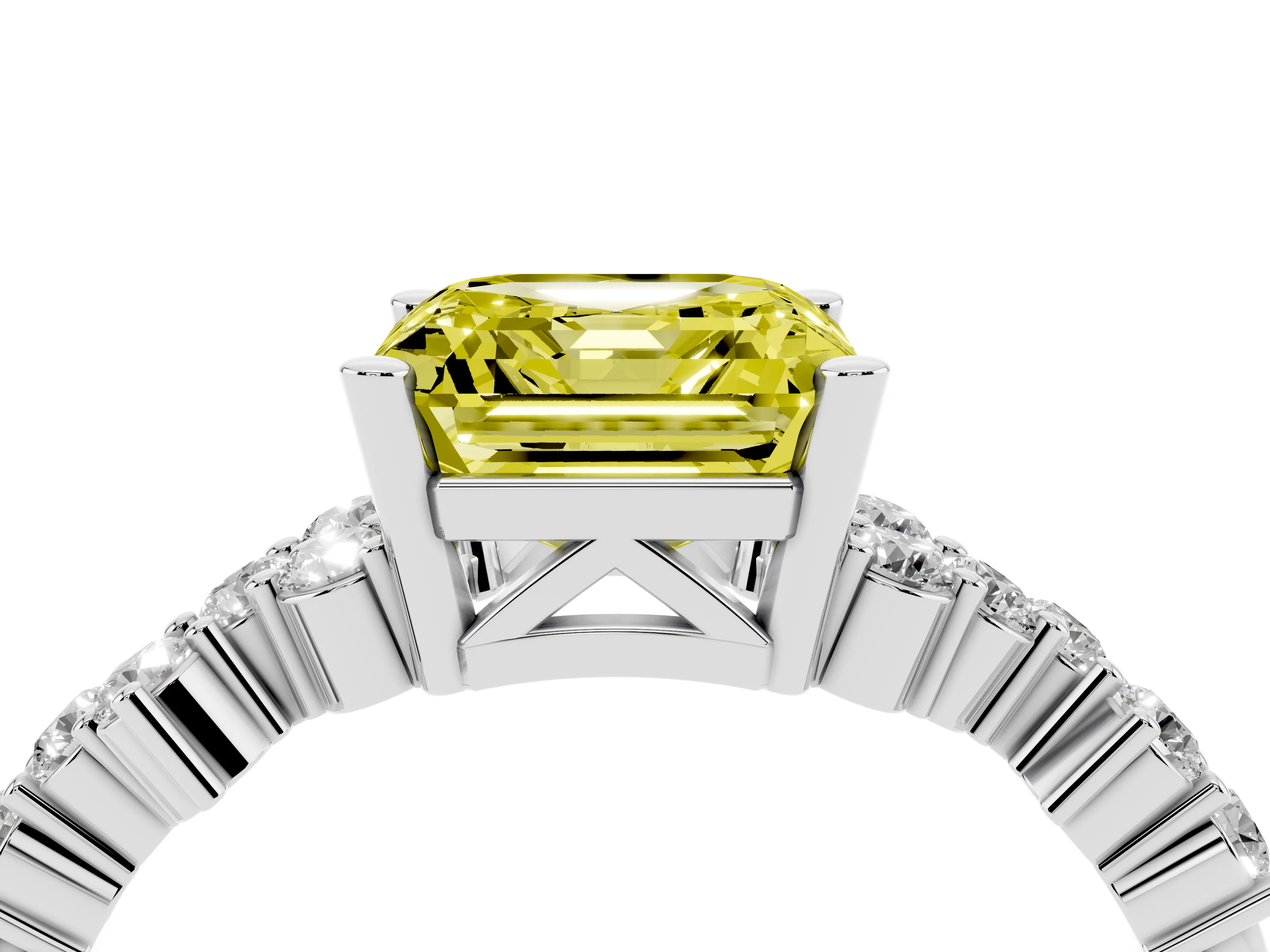 Fancy Yellow Asscher Cut Diamond Ring Set in Platinum with Scattered Round Accents