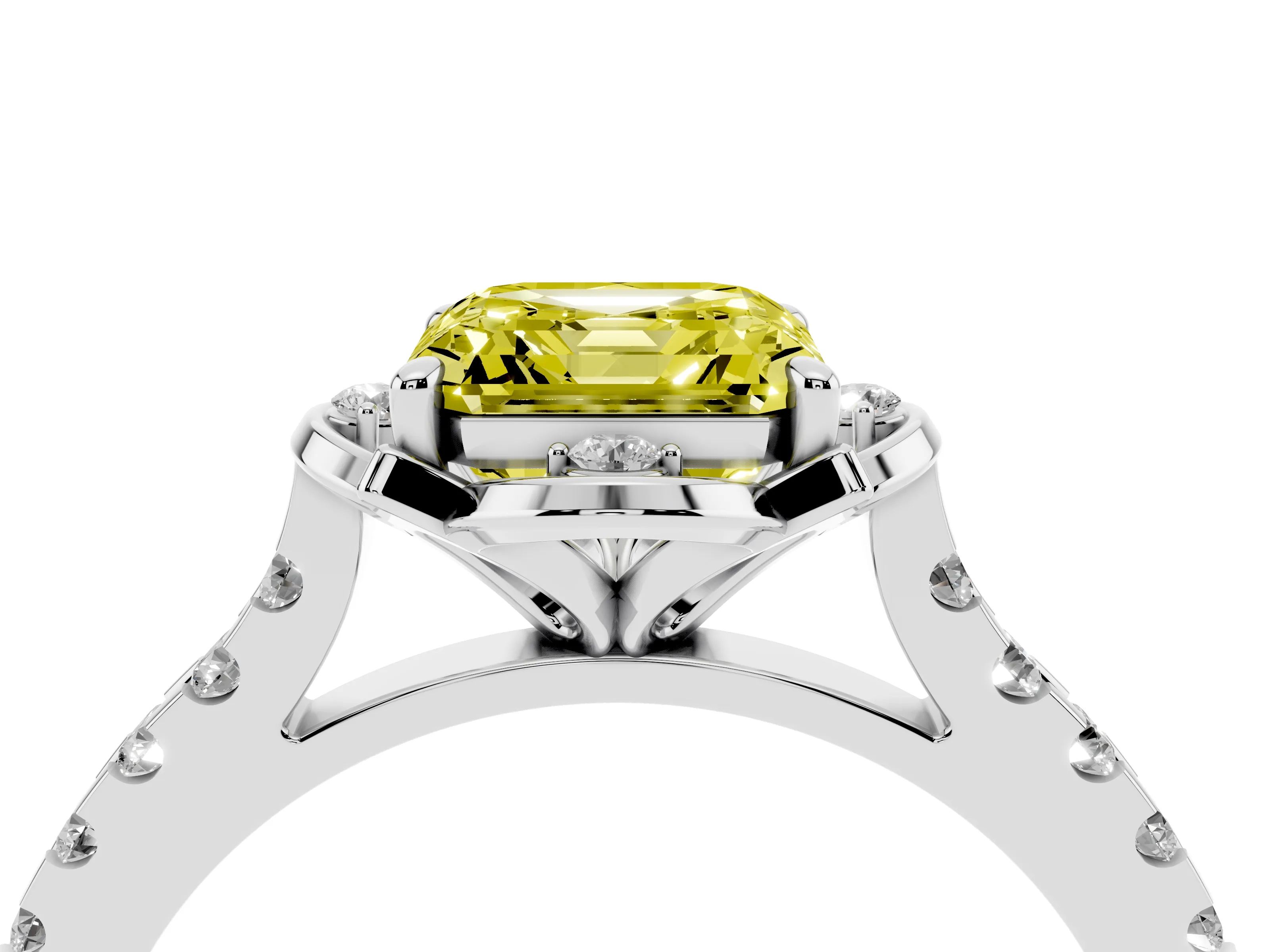 Fancy Yellow Asscher Cut Diamond Solitaire Ring Set in Platinum with Pavé Band and Floral Prong Setting