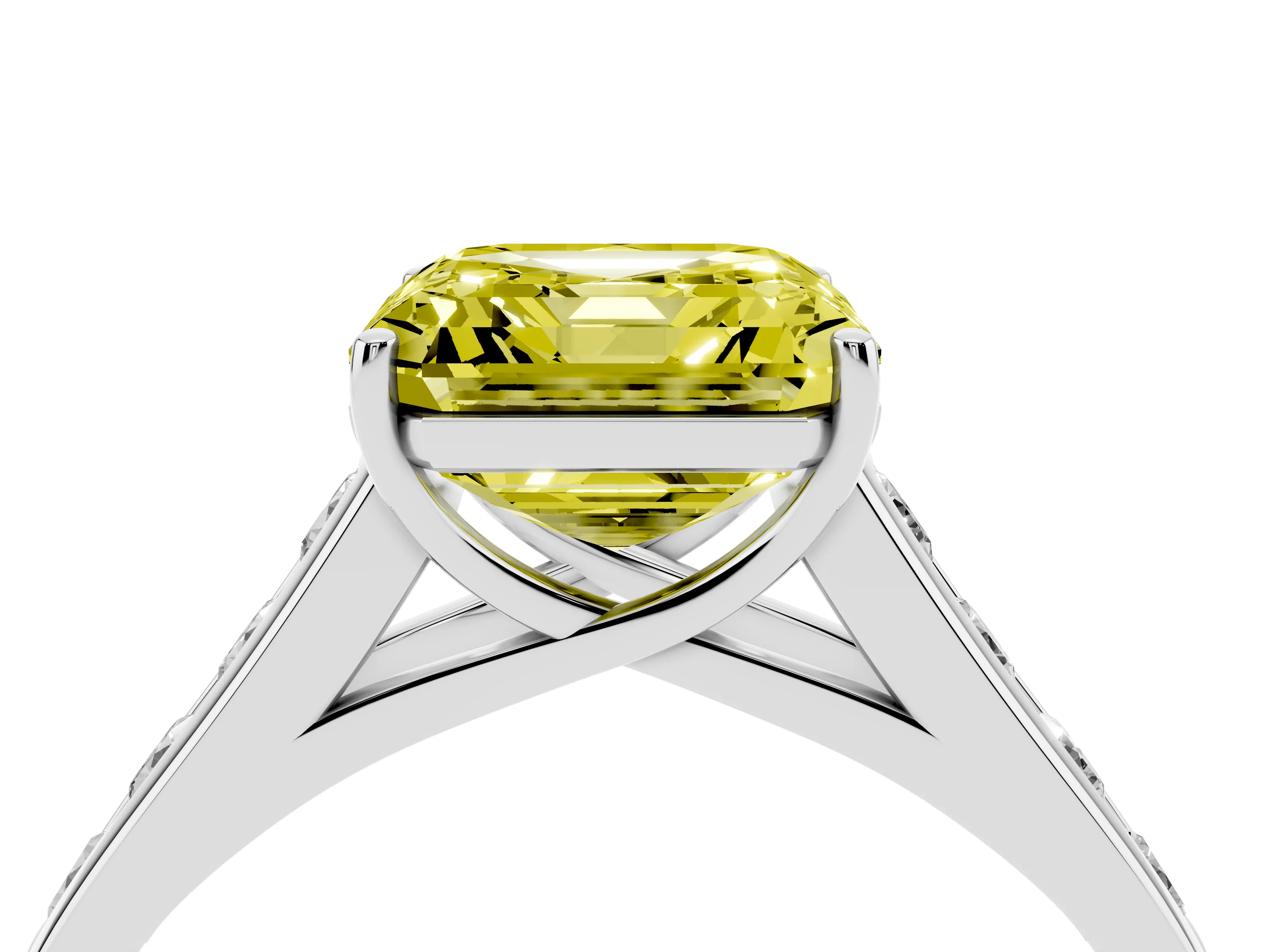 Fancy Yellow Asscher Cut Diamond Brilliant Channel-Set Solitaire Ring Set in White gold with Prong Setting