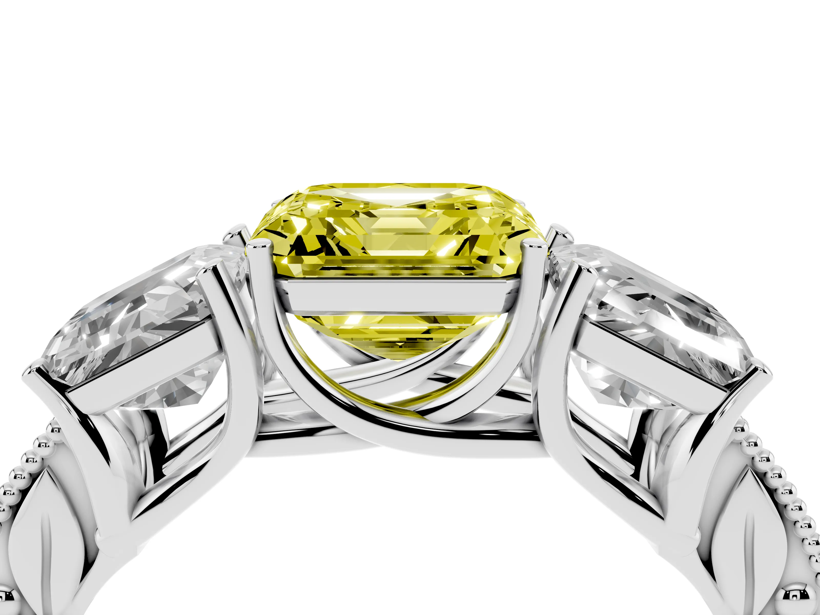 Fancy Yellow Asscher Cut Diamond Three-Stone Engagement Ring Set in Silver with Milgrain Pavé Band