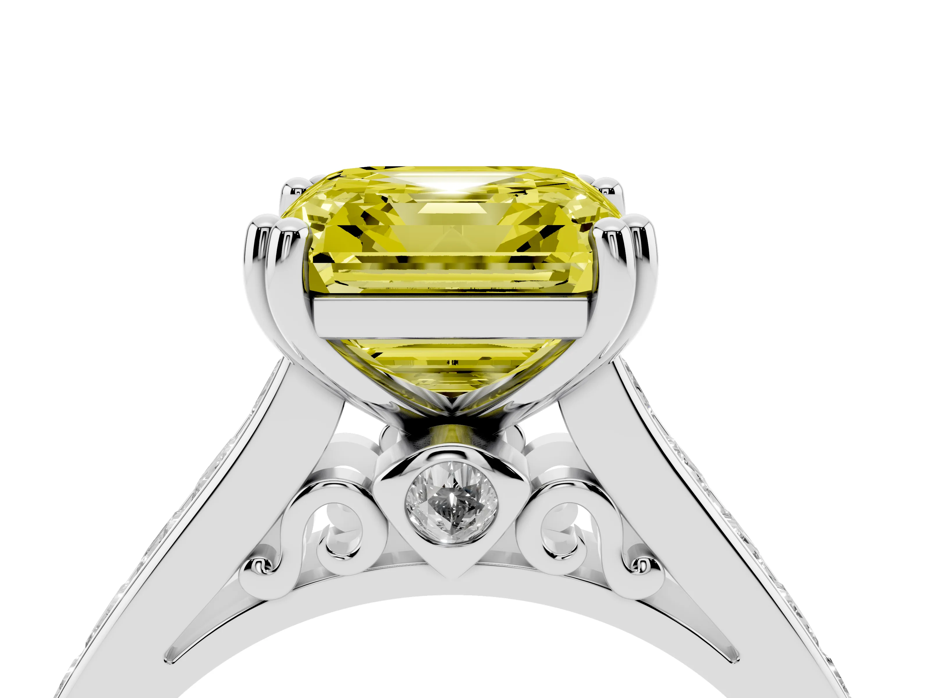 Fancy Yellow Asscher Cut Diamond Channel Set Solitaire Engagement Ring Set in Platinum with Prong Setting