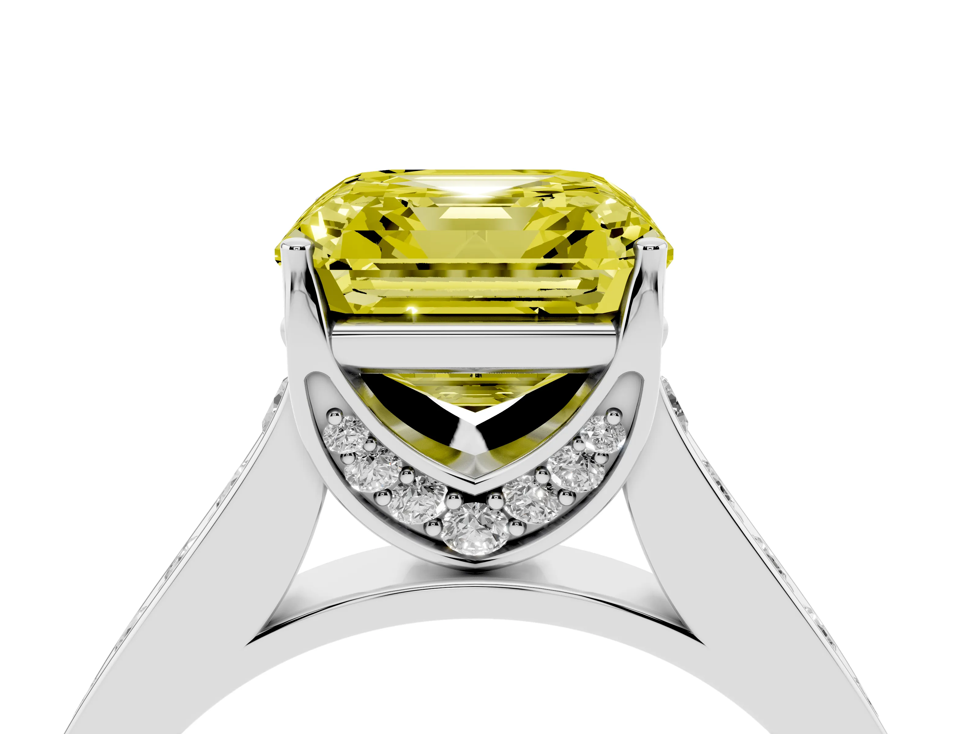 Fancy Yellow Asscher Cut Diamond Solitaire Pavé Engagement Ring Set in White gold with Prong Setting