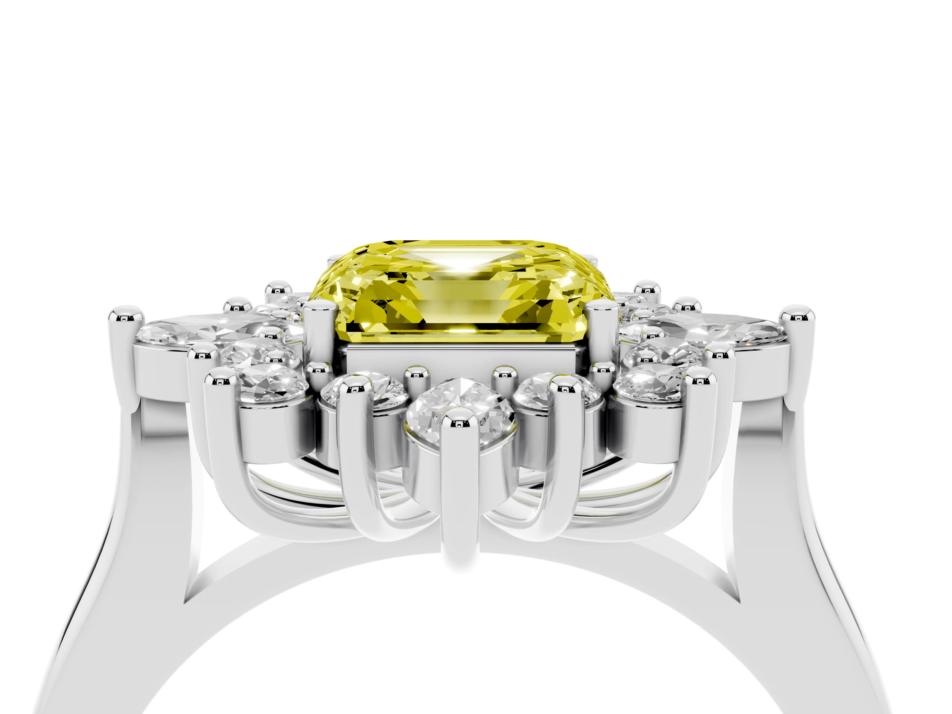 Fancy Yellow Asscher Cut Diamond Cluster Halo Ring Set in White gold with Marquise and Round Accents