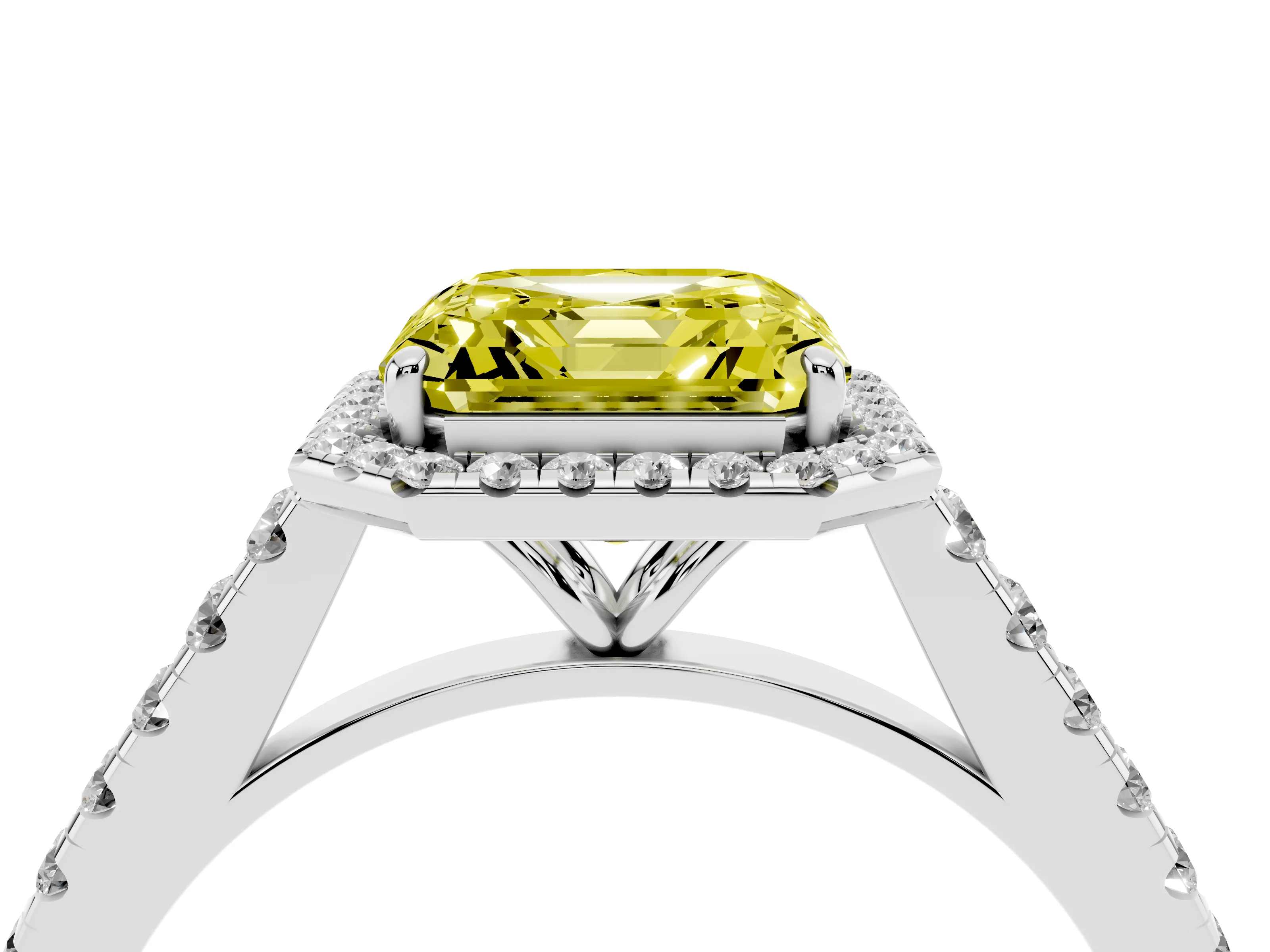 Fancy Yellow Asscher Cut Diamond Halo Pavé Engagement Ring Set in White gold with Prong Setting