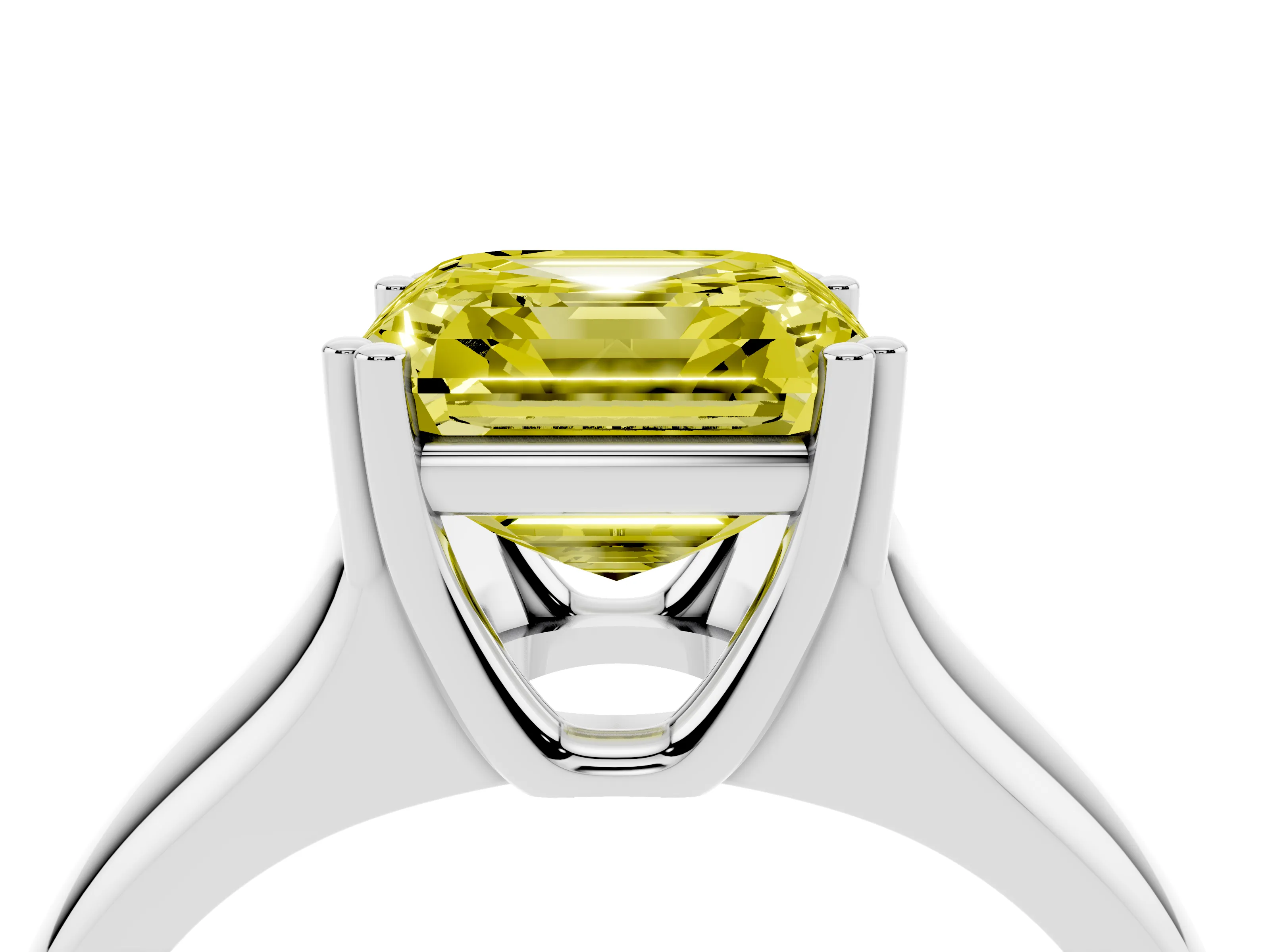 Fancy Yellow Asscher Cut Diamond Solitaire Ring Set in Platinum with Wide Band and Prong Setting