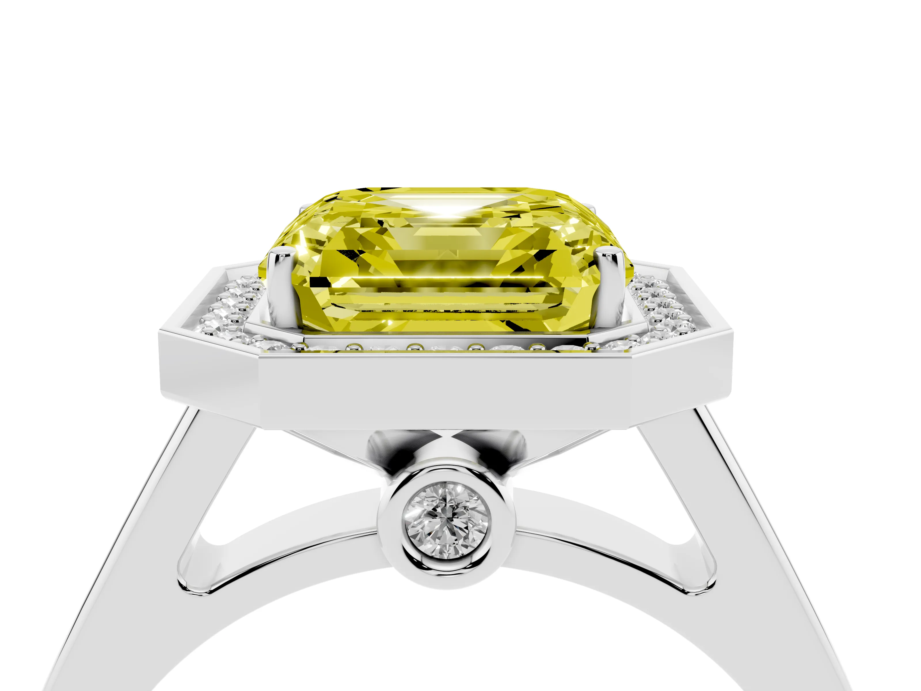 Fancy Yellow Asscher Cut Diamond Halo Solitaire Ring Set in Silver with Pavé Band and Bezel Setting