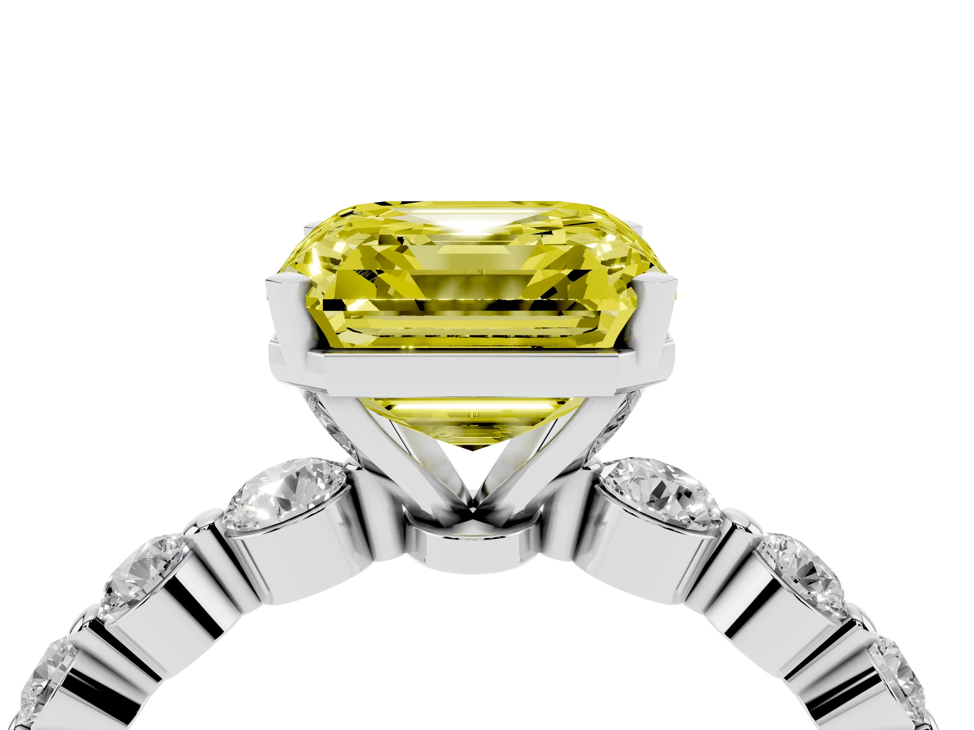 Fancy Yellow Asscher Cut Diamond Solitaire Ring Set in Platinum with Pavé Band and Prong Setting