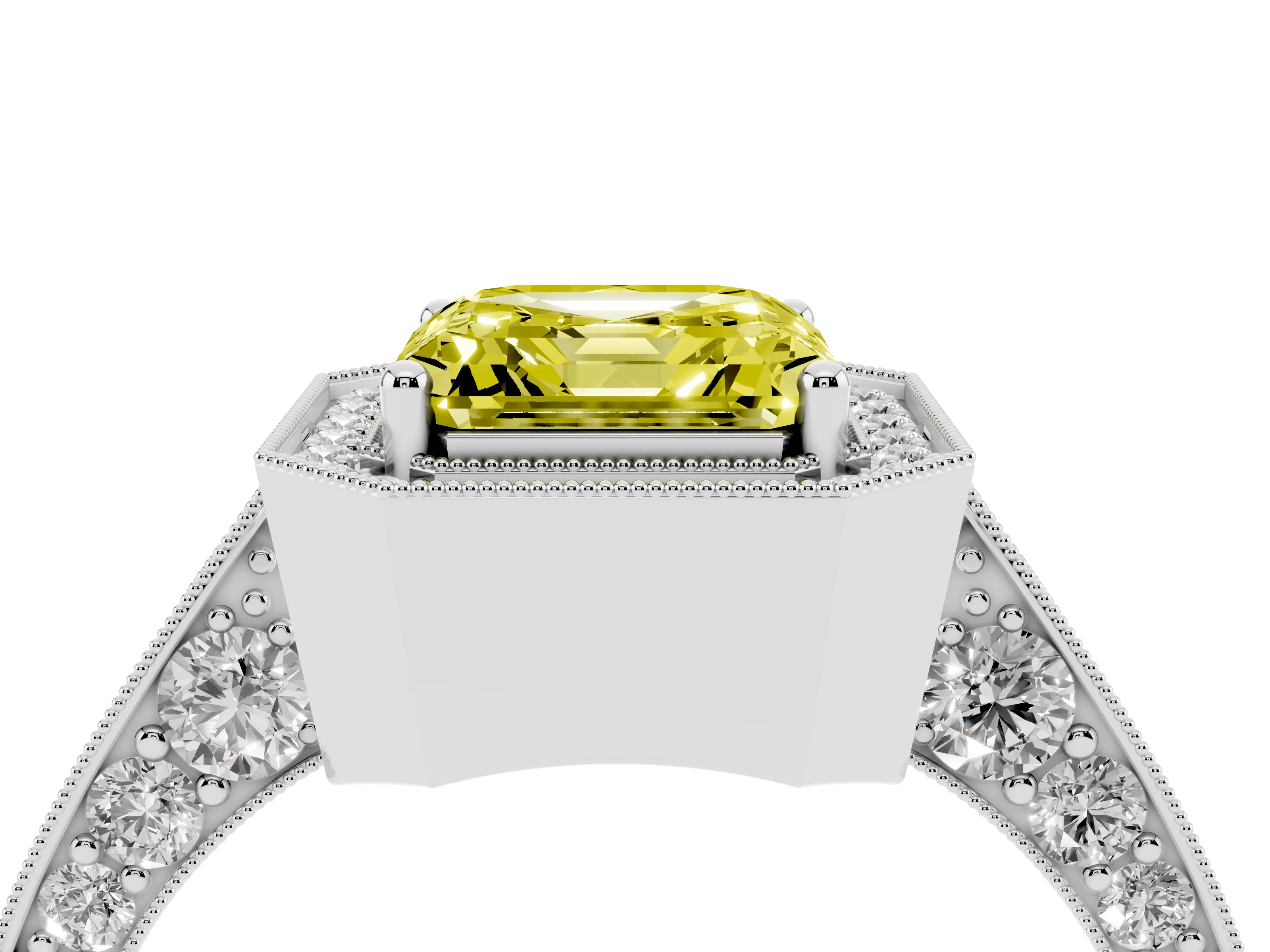 Fancy Yellow Asscher Cut Diamond Halo Engagement Ring Set in Silver with Accent Split Shank Band