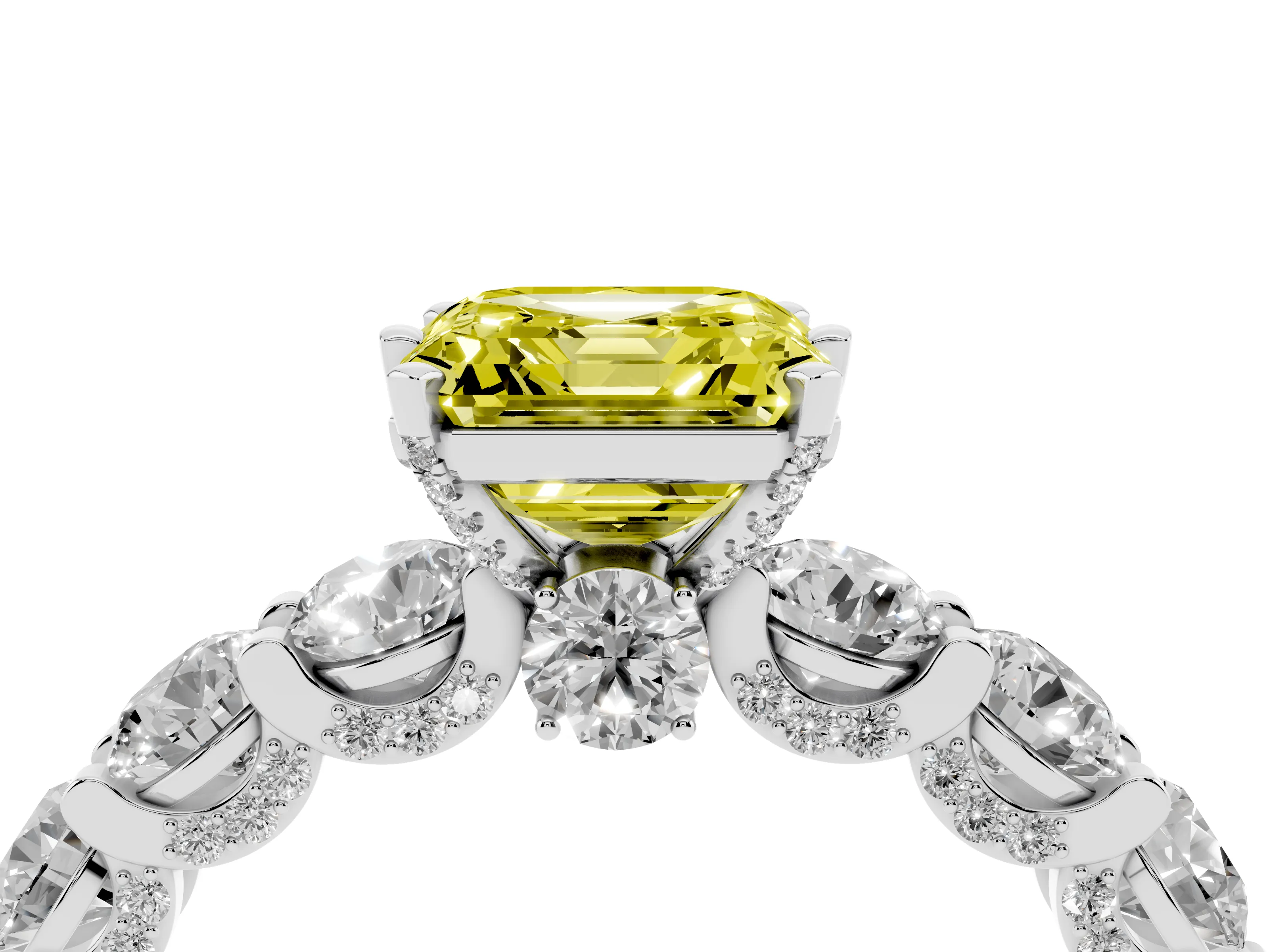 Fancy Yellow Asscher Cut Diamond Side Stone Ring Set in Platinum with Alternating Round and Oval Side Stones