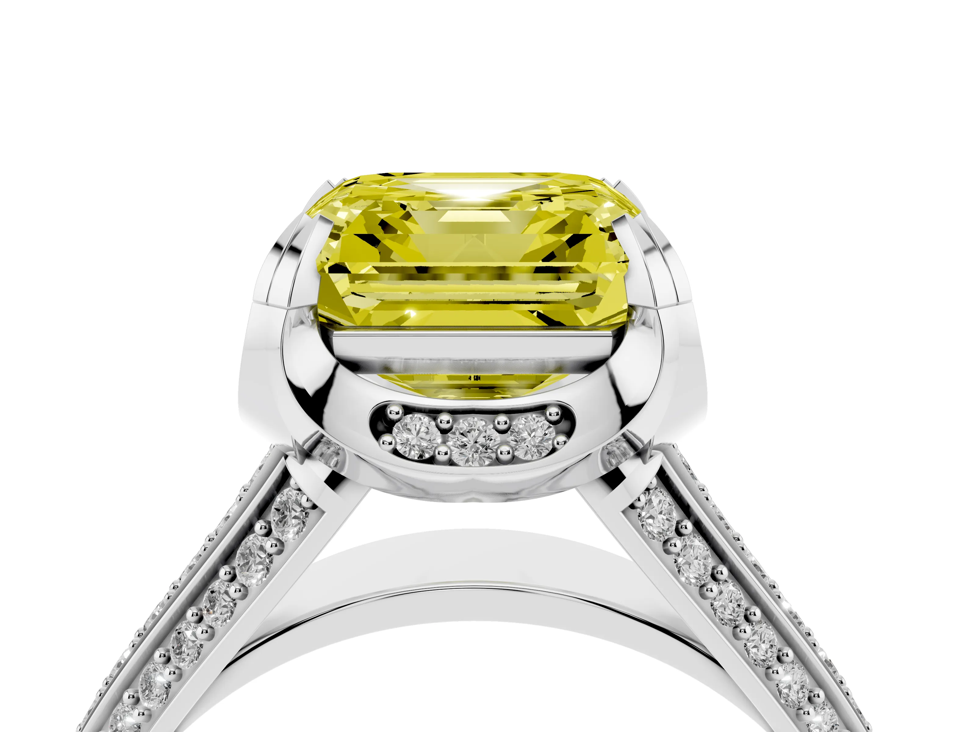 Fancy Yellow Asscher Cut Diamond Pavé Split Shank Solitaire Ring Set in Platinum with Prong Setting