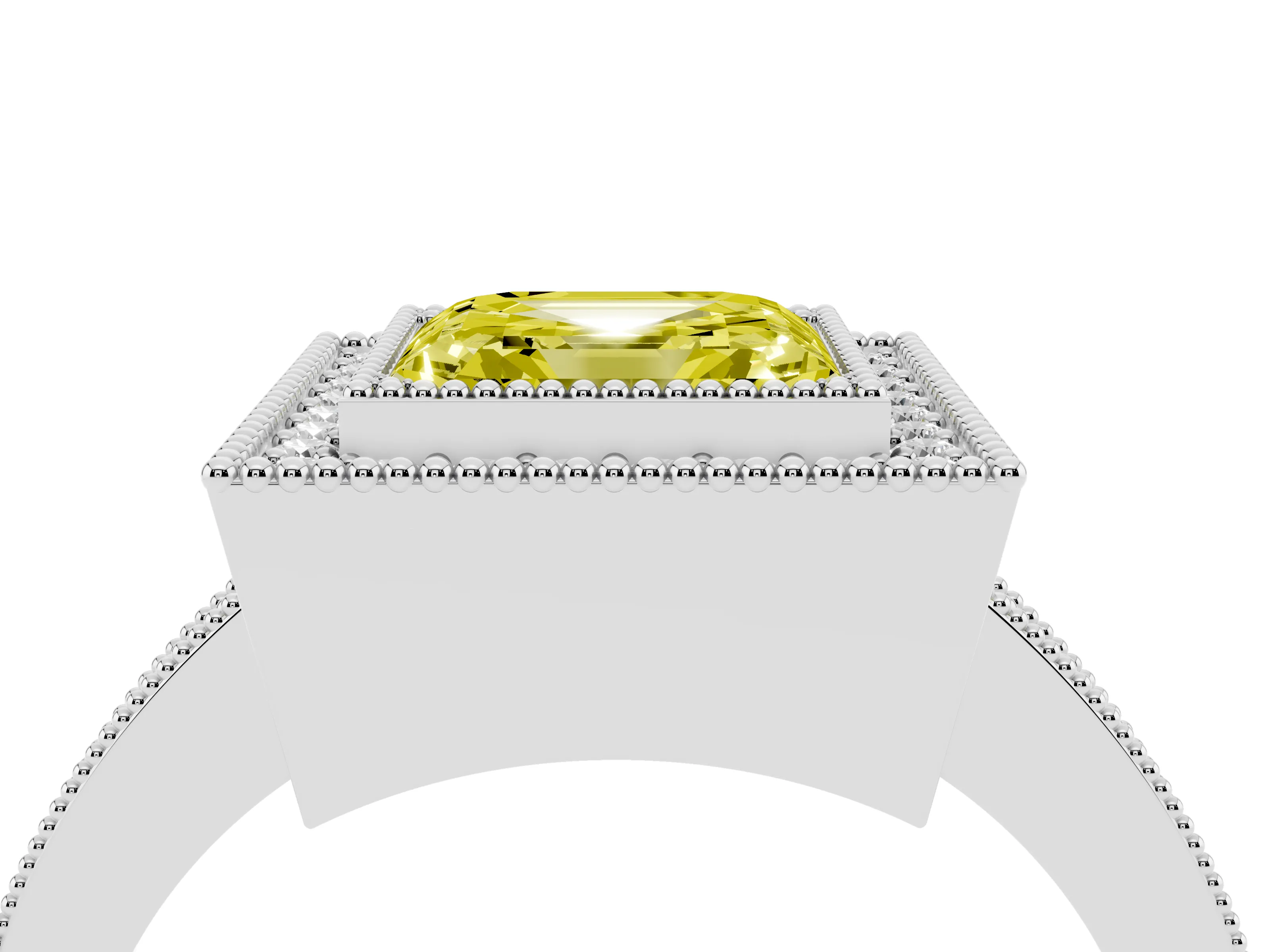 Fancy Yellow Asscher Cut Diamond Halo Engagement Ring Set in White gold with Pavé Band and Round Halo Stones