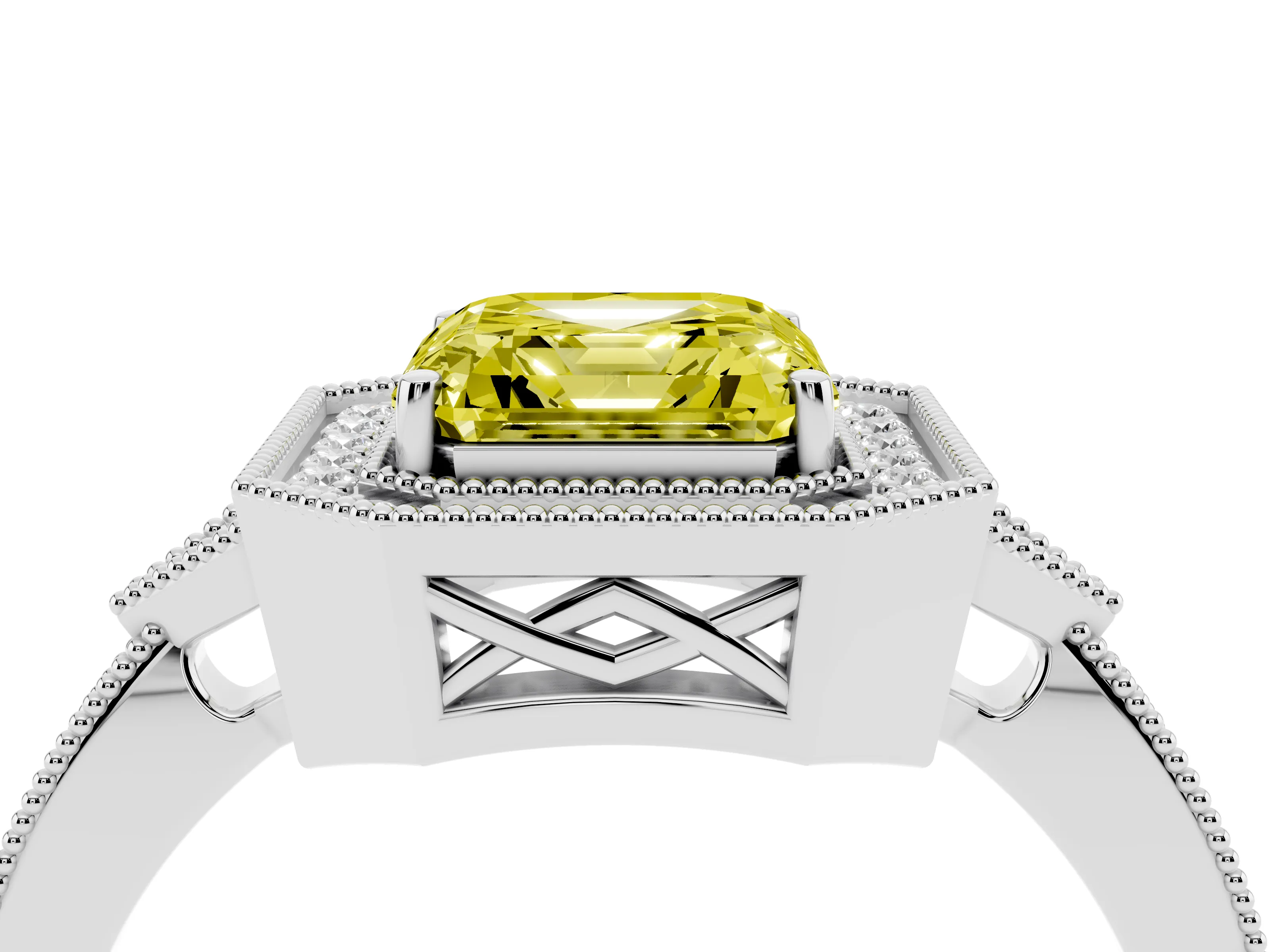 Fancy Yellow Asscher Cut Diamond Halo Engagement Ring Set in Silver with Milgrain Pavé Band